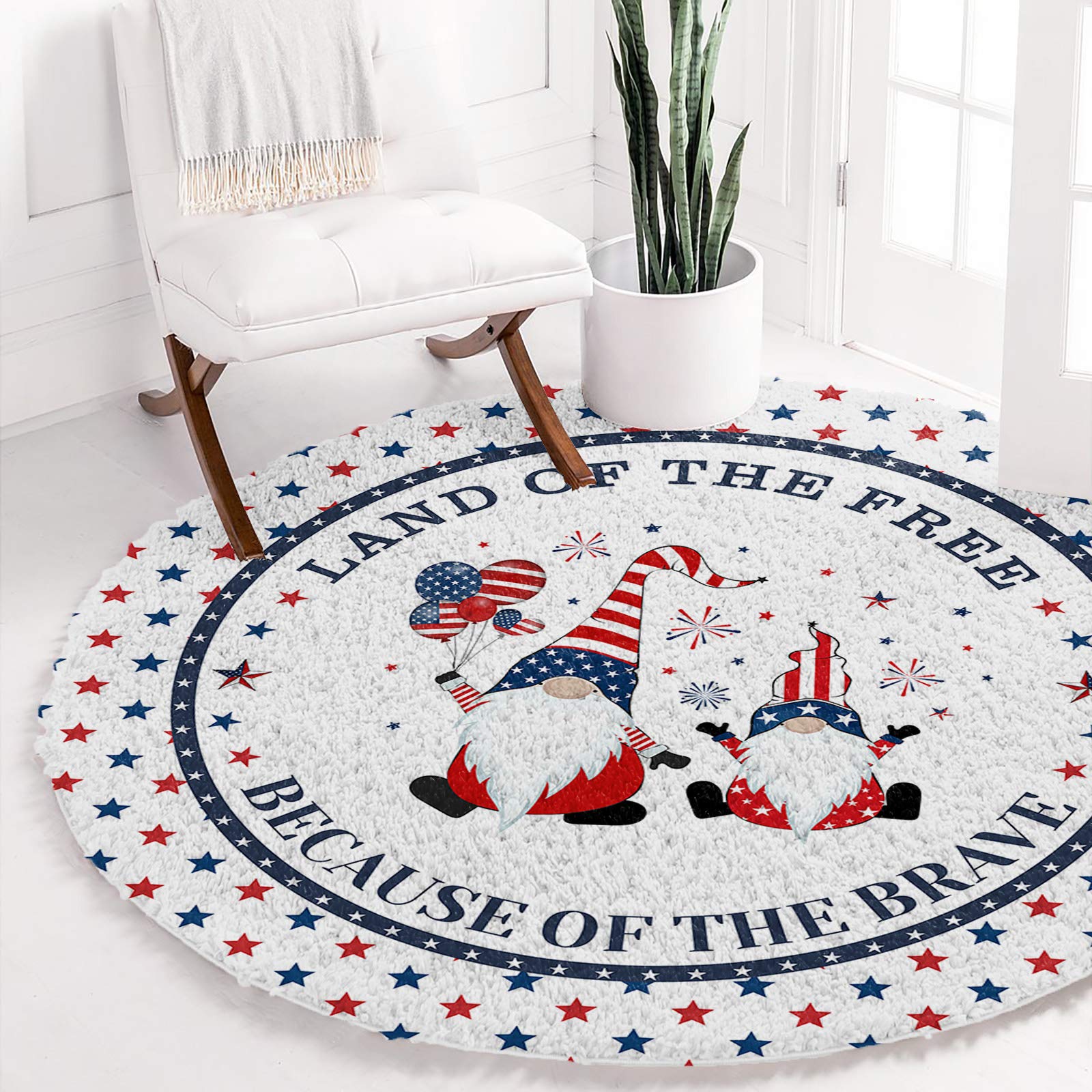 36in Soft Fluffy Round Area Rug - 4th of July American Flag Gnomes Design, Washable Non-Slip Shaggy Carpet for Bedroom, Living Room & Nursery - Perfect for Independence Day Decor, Kids Room & Cozy Home Flooring