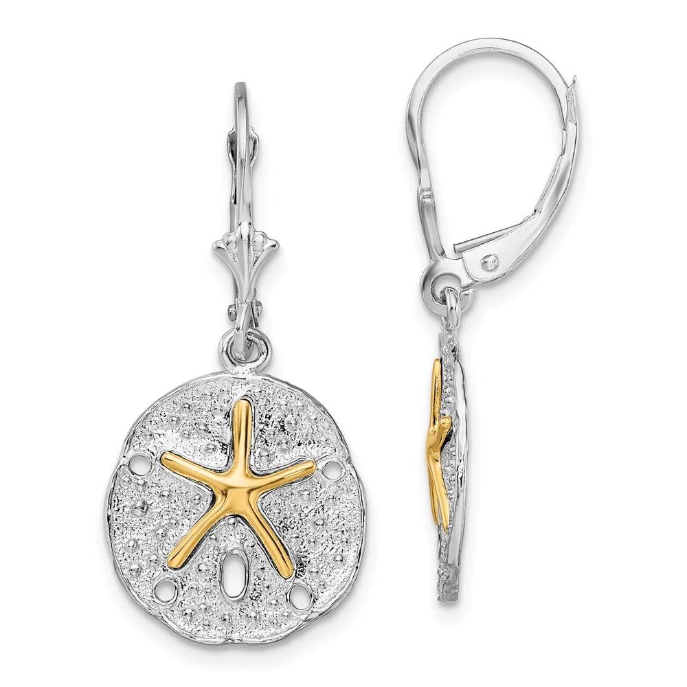 Sterling Silver & 14K Gold Sand Dollar with Starfish Dangle Earrings - Leverback Hoop Earrings for Women, Beach Wedding Jewelry Gift, Boho Coastal Style Accessories