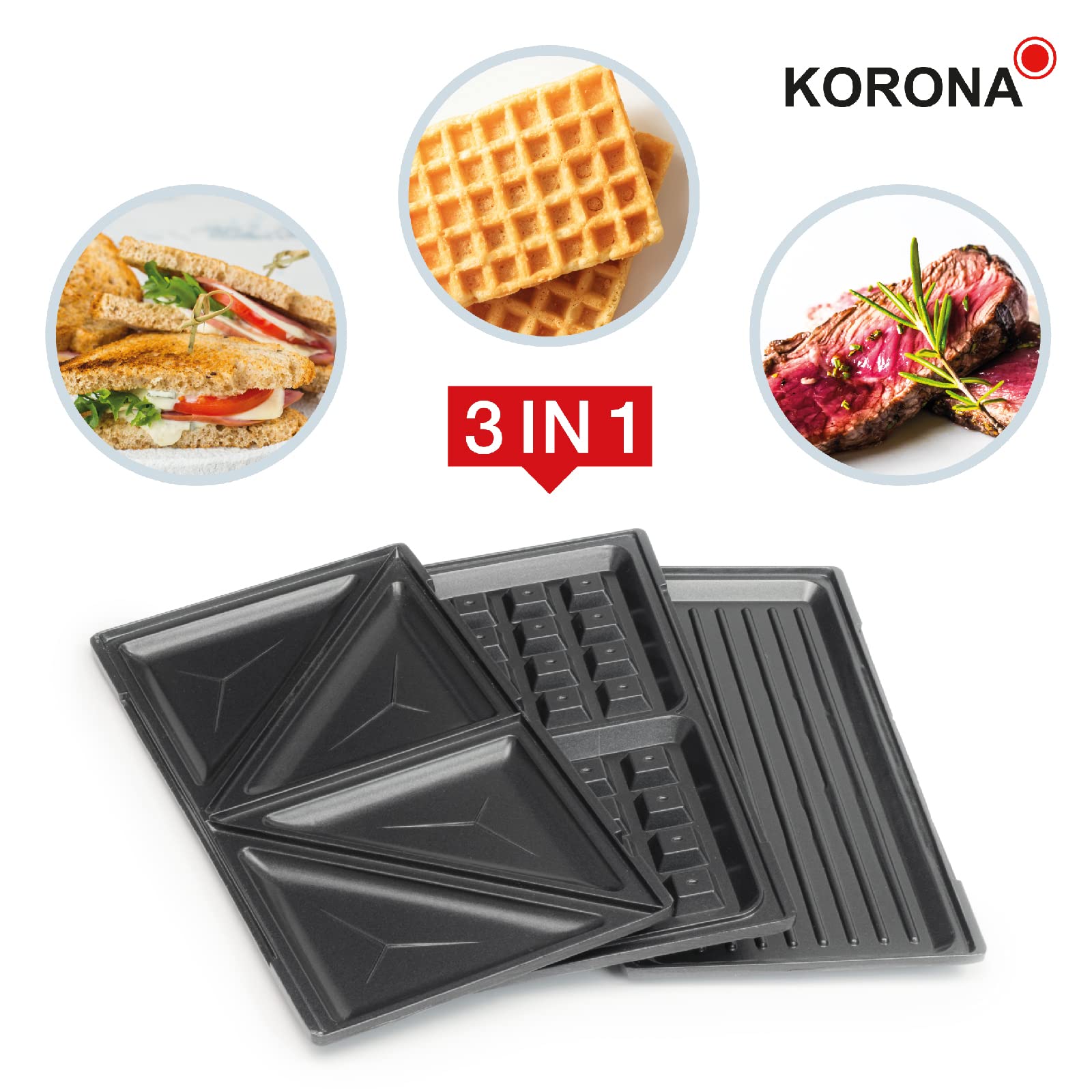 Korona 47018 XXL 3-in-1 Sandwich Maker with Grill & Waffle Plates - 800W Non-Stick Electric Panini Press - Easy to Clean for Breakfast, Lunch & Snacks at Home or Office