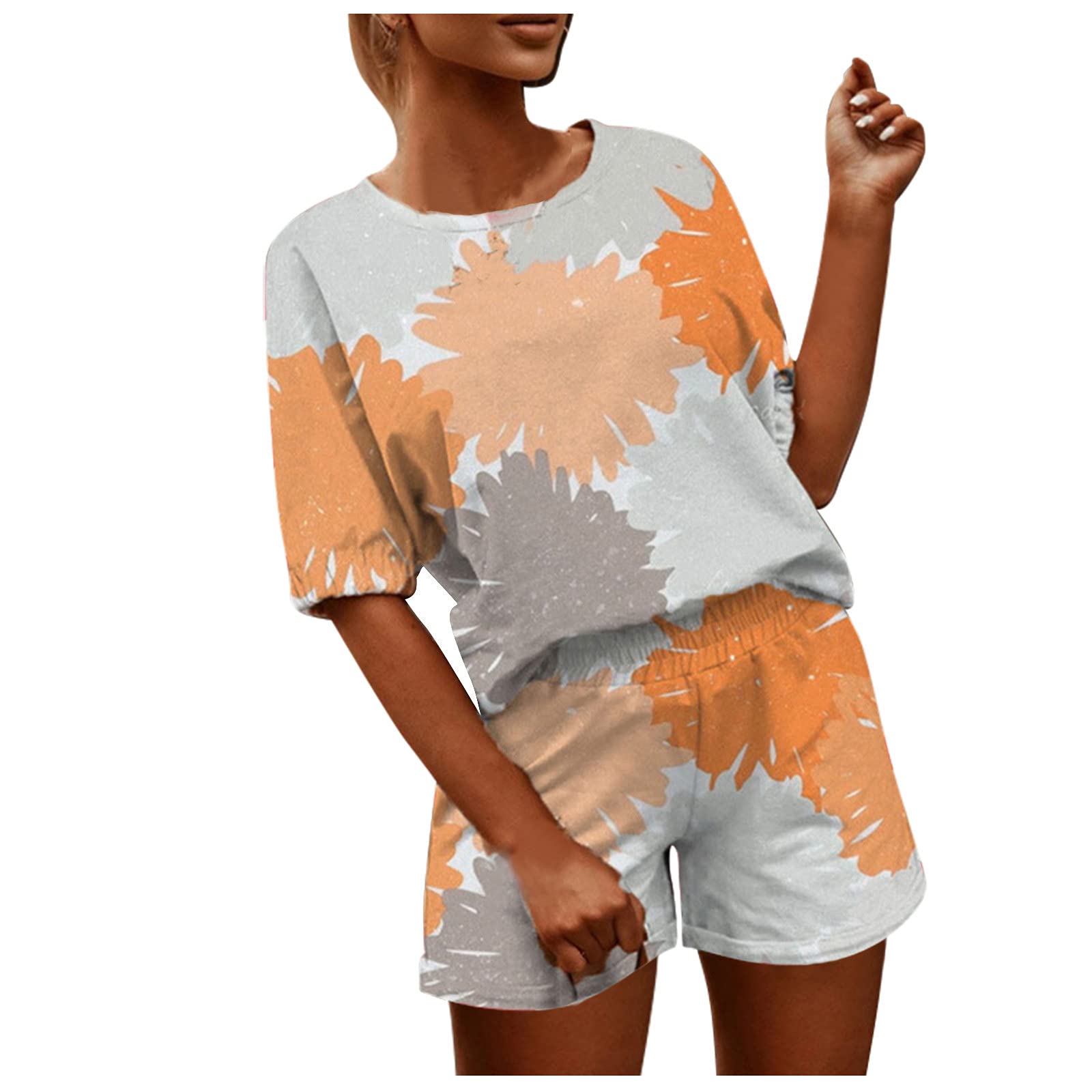 KAQQ Women's Summer Casual Printed Short-Sleeve Tracksuit Set - 2 Piece Shorts & Top Outfit for Home, Lounge, Gym & Streetwear Fashion