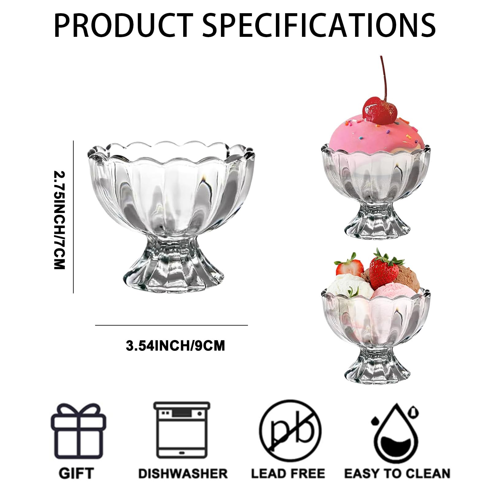 Vintage Glass Dessert Bowls - 6-Pack 5oz Ice Cream Cups for Sundae, Fruit, Pudding & Small Snacks | Elegant Condiment Dishes for Parties, Dessert Bars & Home Entertaining