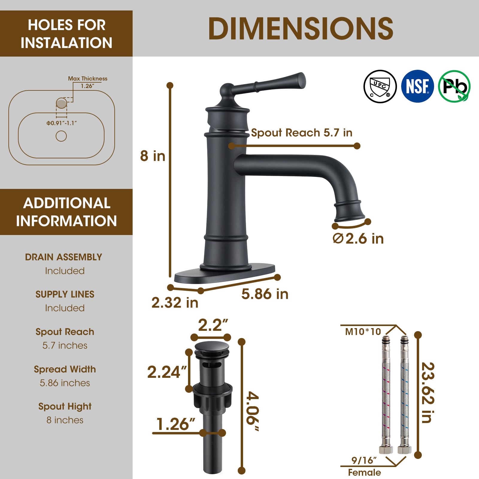 Antique Brass Single Handle Bathroom Faucet - Matte Black for Vanity Sink & RV