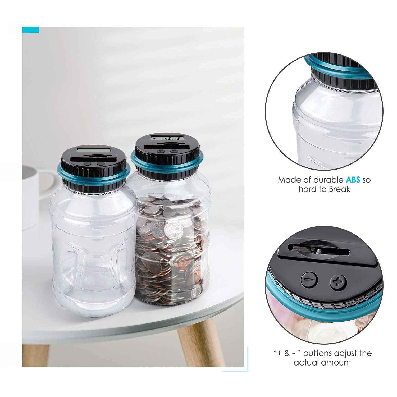 VCertcpl Digital Coin Counting Piggy Bank with LCD Counter - 1.8L Large Capacity Money Jar for Boys & Adults - Compatible with All US Coins (Blue) - Perfect for Saving, Budgeting, and Teaching Kids Financial Responsibility