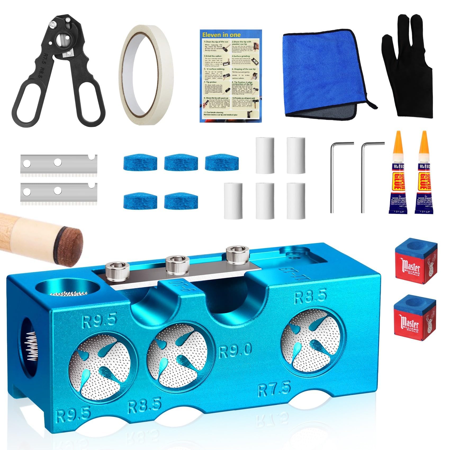 11-in-1 Aluminum Alloy Pool Cue Tip Shaper Tool Kit – Professional Billiards Accessories for Shaping & Replacing Cue Tips – Perfect for Home, Bar, and Tournament Use