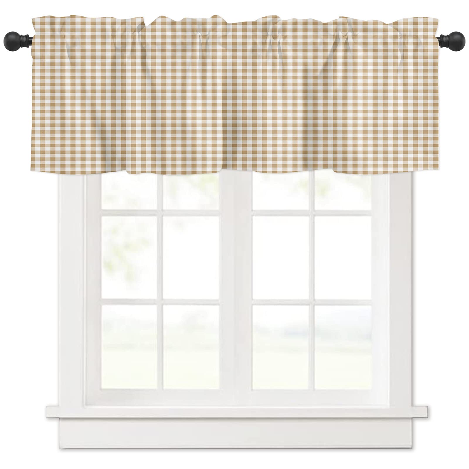Buffalo Check Plaid Yellow Window Curtains - 54 x 18 Inch Washable Kitchen Valances for Small Windows, Bedroom & Living Room - Gingham Drapery Panels for Farmhouse & Rustic Home Decor
