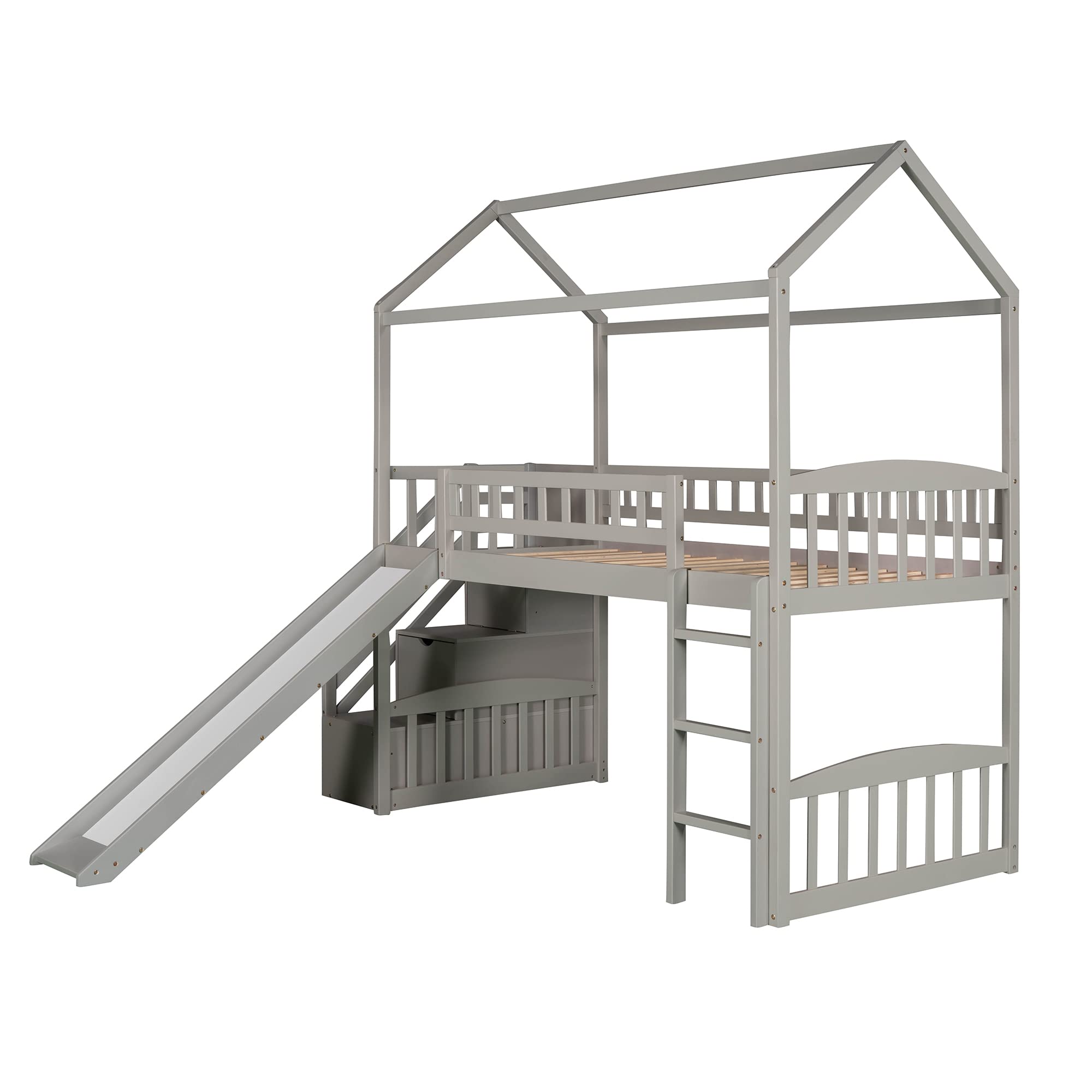 **Kids Loft Bed with Slide & Storage Drawers - Twin Size Wooden Playhouse Bed with Stairway for Boys & Girls - Perfect for Small Bedrooms & Playrooms (Gray)**