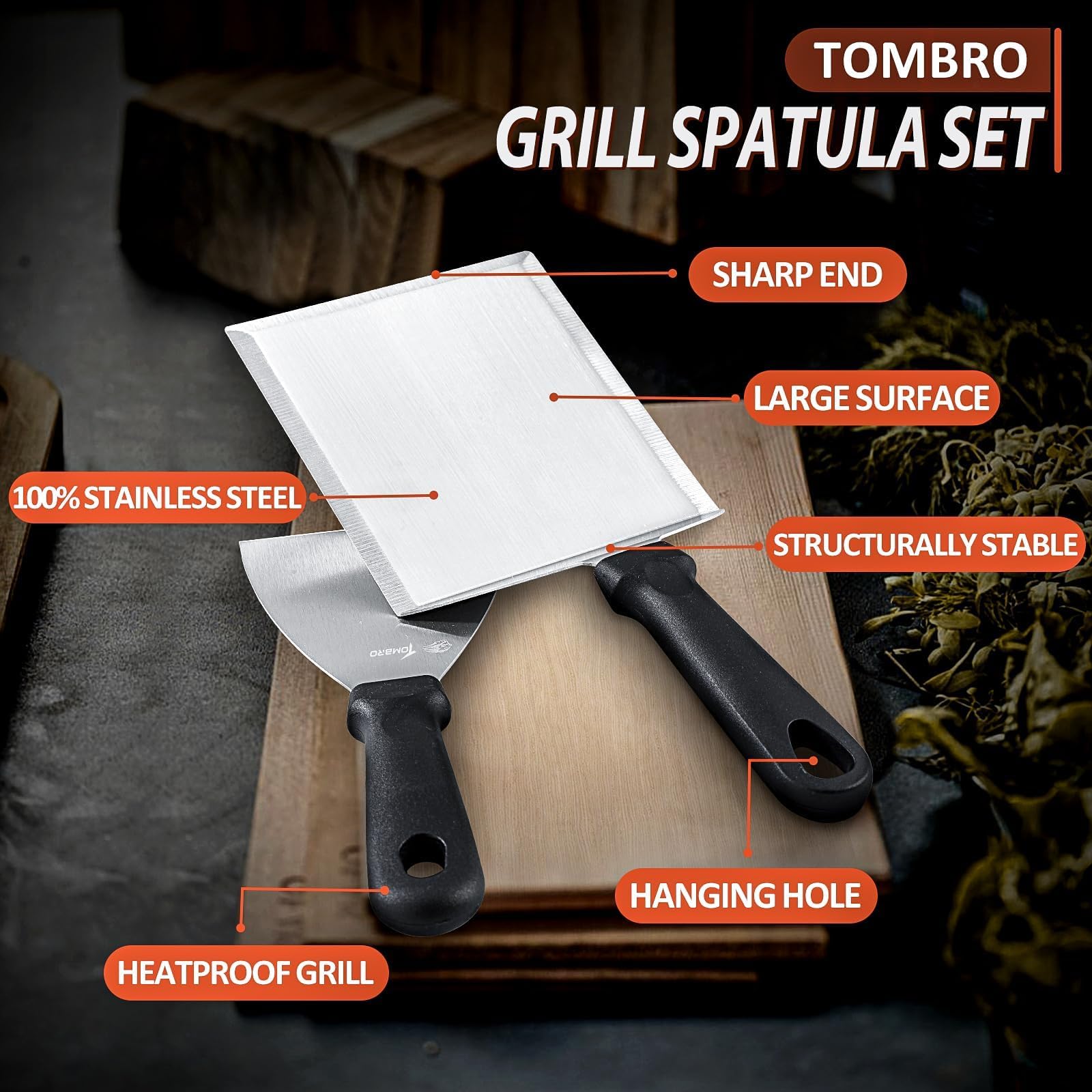 2-Pack Stainless Steel Griddle Scraper Spatula Set with Full Tang Handle - Heavy Duty BBQ Grill Spatula for Pancakes, Smash Burgers, Cast Iron Skillets & Flat Top Grills - Perfect for Outdoor Cooking, Camping & Backyard BBQs