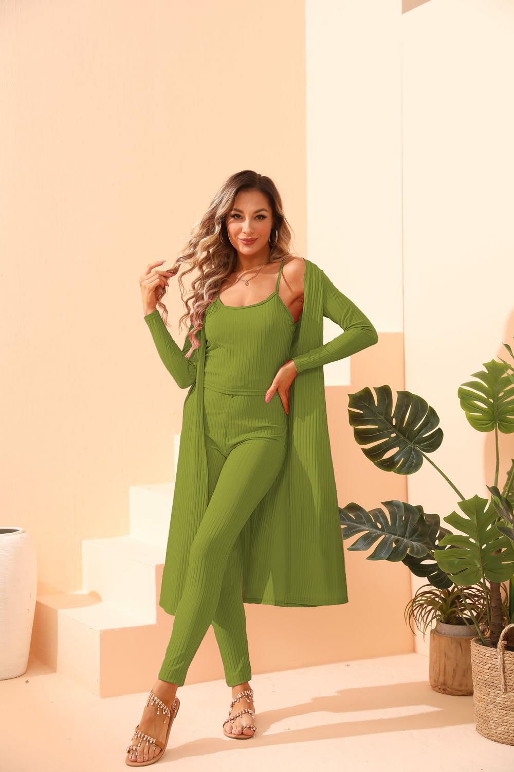 BDAILKA Women's 3 Piece Lounge Set - Soft Ribbed Long Sleeve Cardigan, Halter Top & Drawstring Pants - Comfy Casual Outfit for Home, Yoga & Relaxation