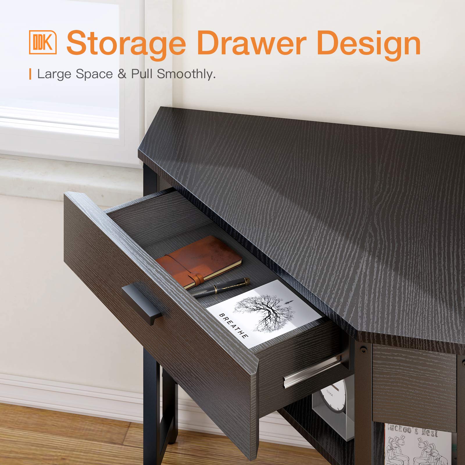 ODK Corner Desk - Triangle Computer Desk with Large Drawer & Storage Shelves, Small Space Writing Workstation for Home Office, Gaming Setup & Dorm Room