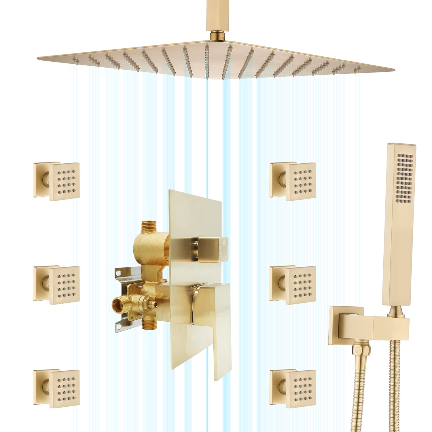16 Inch Brushed Gold Ceiling Rain Shower Head Combo System with Body Jets and Handheld Shower - Luxury Bathroom Faucet Fixture Set for Spa-Like Experience - Perfect for Master Bathroom Renovation and Modern Home Upgrade