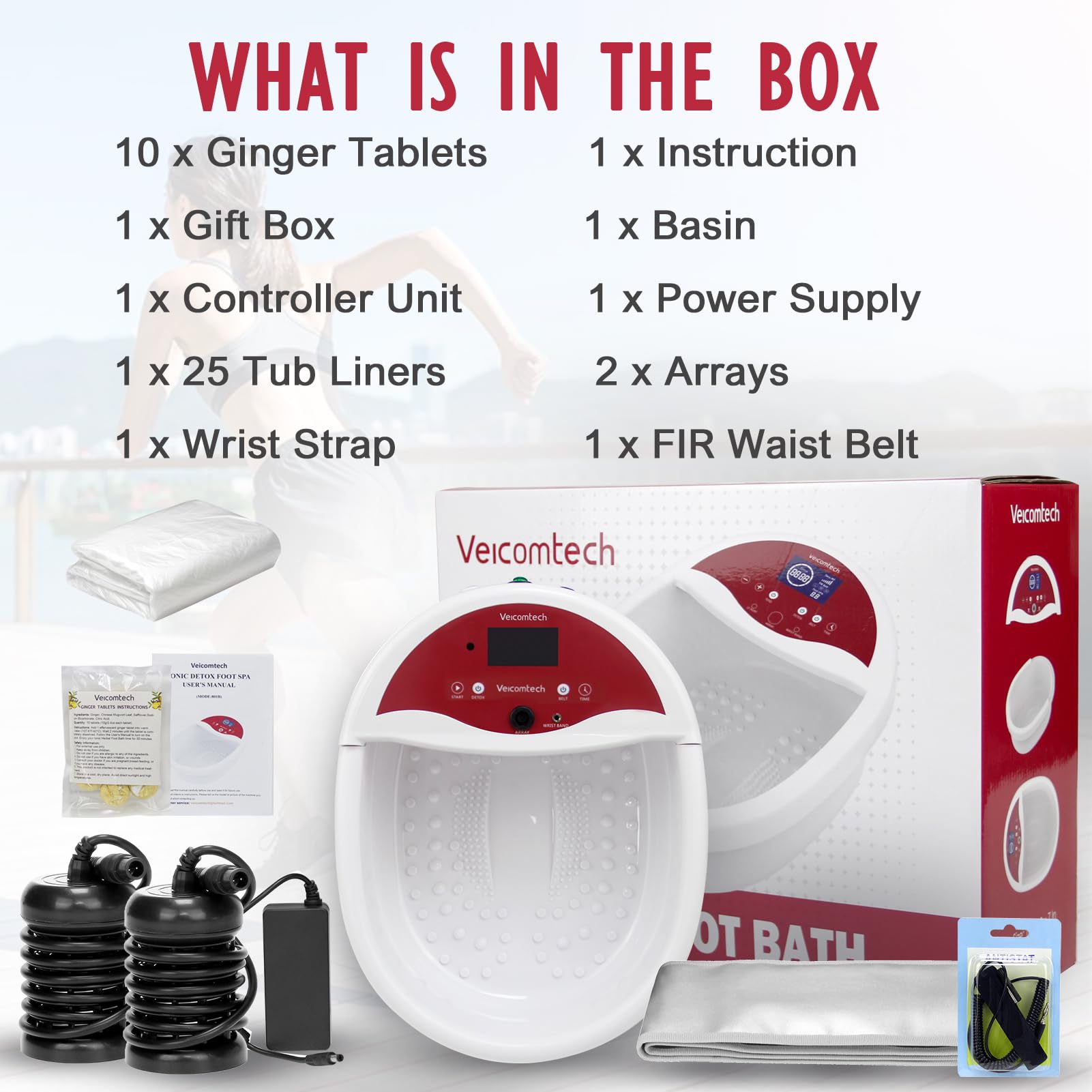 Ionic Foot Bath Detox Machine - Home Foot Spa Kit with 10 Ginger Tablets, 2 Arrays & FIR Belt for Relaxation, Detoxification & Pain Relief - Perfect for Home Salon, Spa & Self-Care Routine