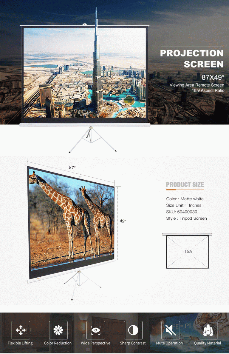 16:9 Tripod Pull Up Projector Screen 100 Inch - Portable & Easy Setup Home Theater Projector Screen for Indoor/Outdoor Movies, Presentations, and Gaming (Model TS100)