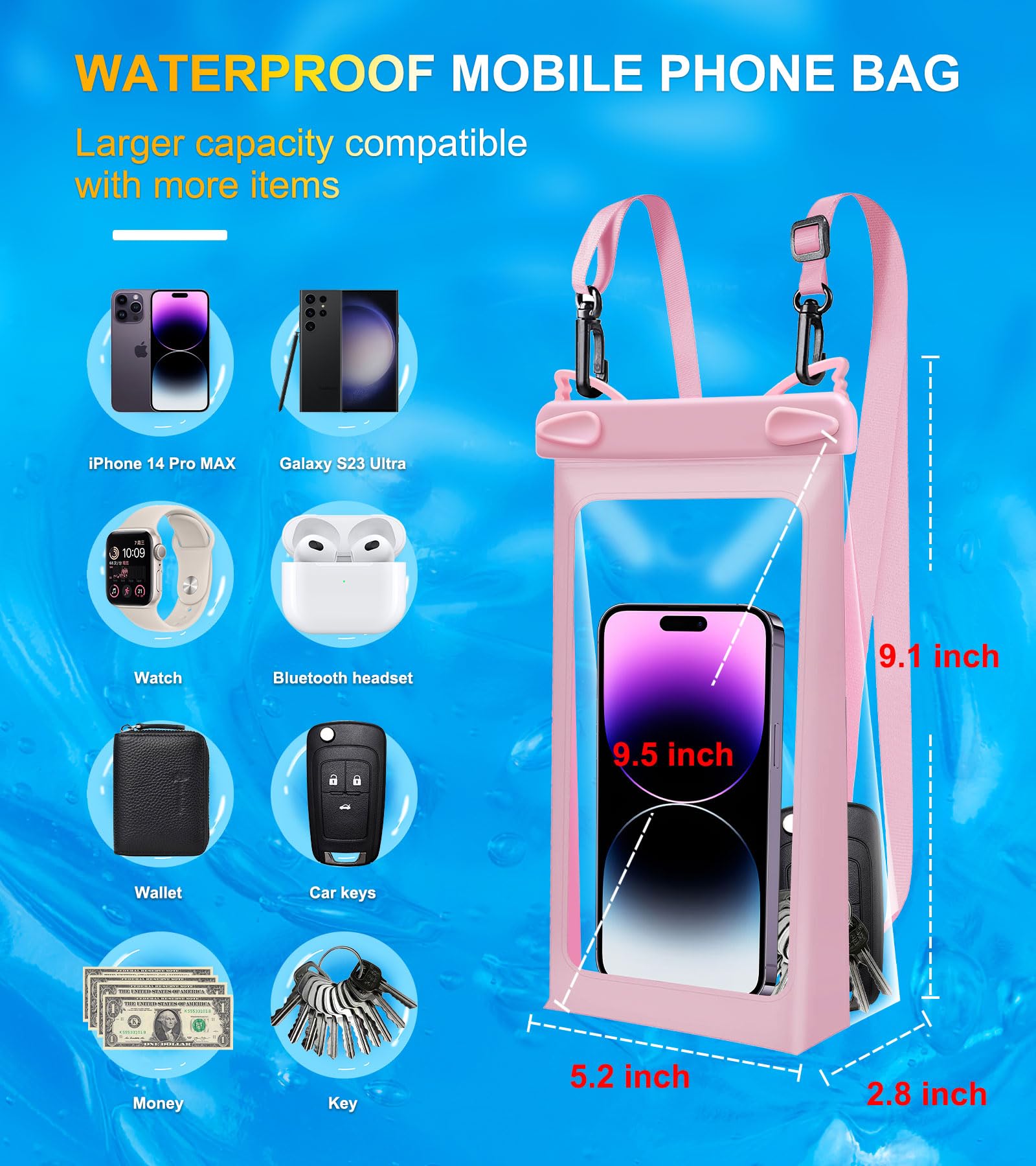 Universal Waterproof Phone Pouch - Floating Dry Bag for iPhone 15/14/13/12/11 Pro Max/XS/XR/X & Samsung Galaxy S24/S23/S22/S21/S20 Ultra - Oversized Clear Case with Lanyard (Pink) - Perfect for Swimming, Beach, Snorkeling & Water Sports
