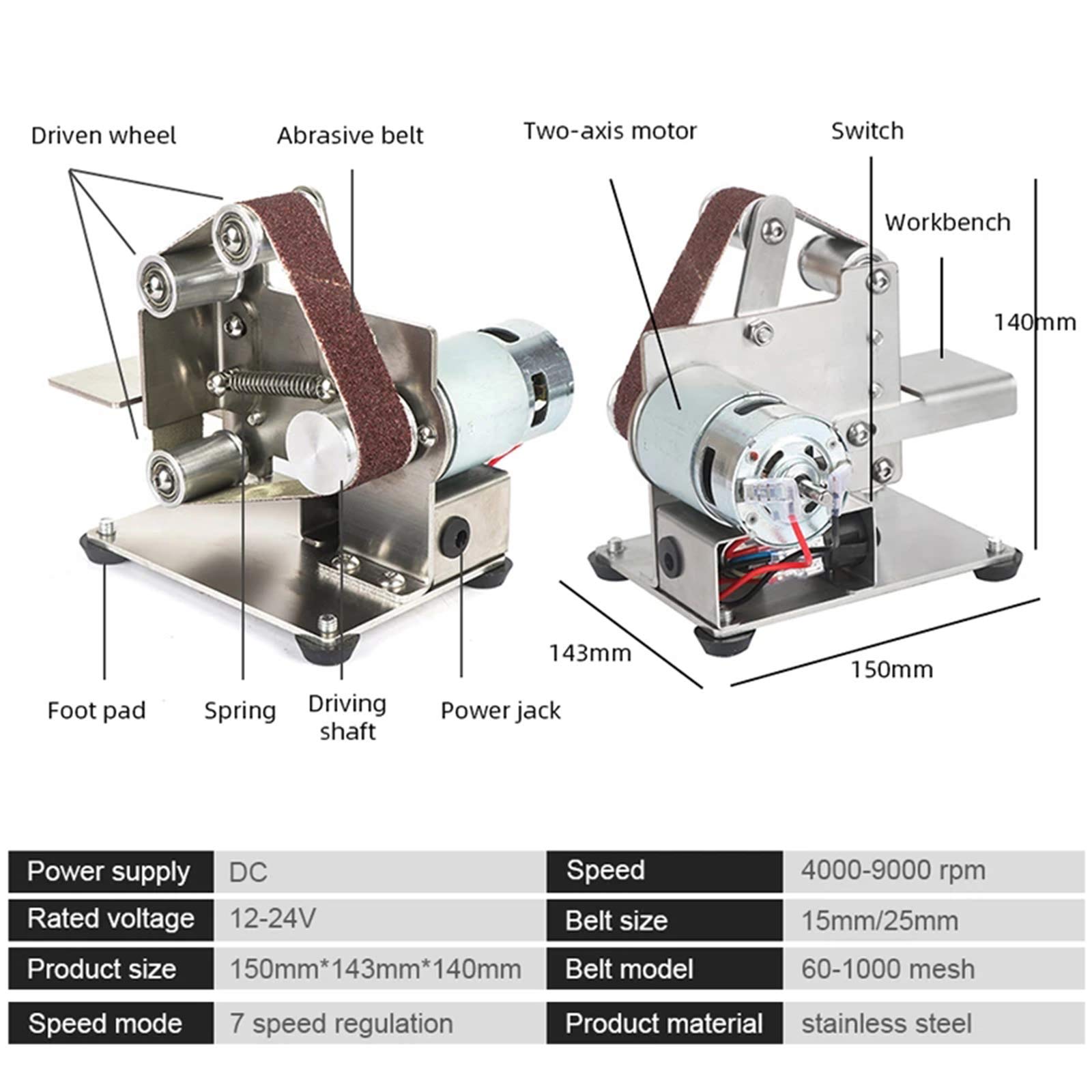 Mini Electric Belt Sander Machine 4000-9000 RPM, 7-Speed Adjustable DIY Polishing & Edge Sharpener with 5 Wrenches & 10 Sanding Belts (15mm) - Perfect for Woodworking, Metalworking, and DIY Home Projects