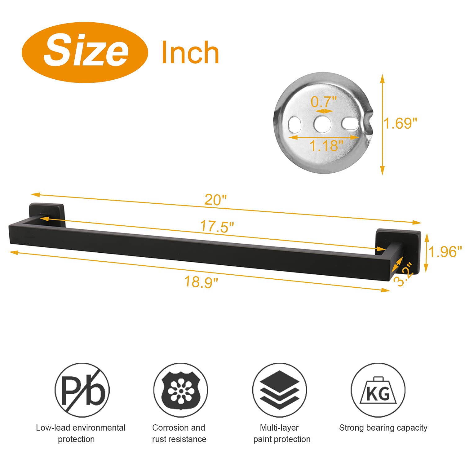 TocTen Stainless Steel Towel Rack - Heavy Duty 304 SUS Wall Mounted Bathroom Towel Holder Bar with Square Base, Black (20 Inch) - Perfect for Modern Bathrooms, Spas, and Luxury Hotels