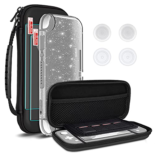 Nintendo Switch Lite Carrying Case with Accessories Kit - Portable Travel Case for Switch Lite Includes Glitter Case, Screen Protectors & Thumb Grips (Black) | Perfect for Gaming On-The-Go & Travel Protection
