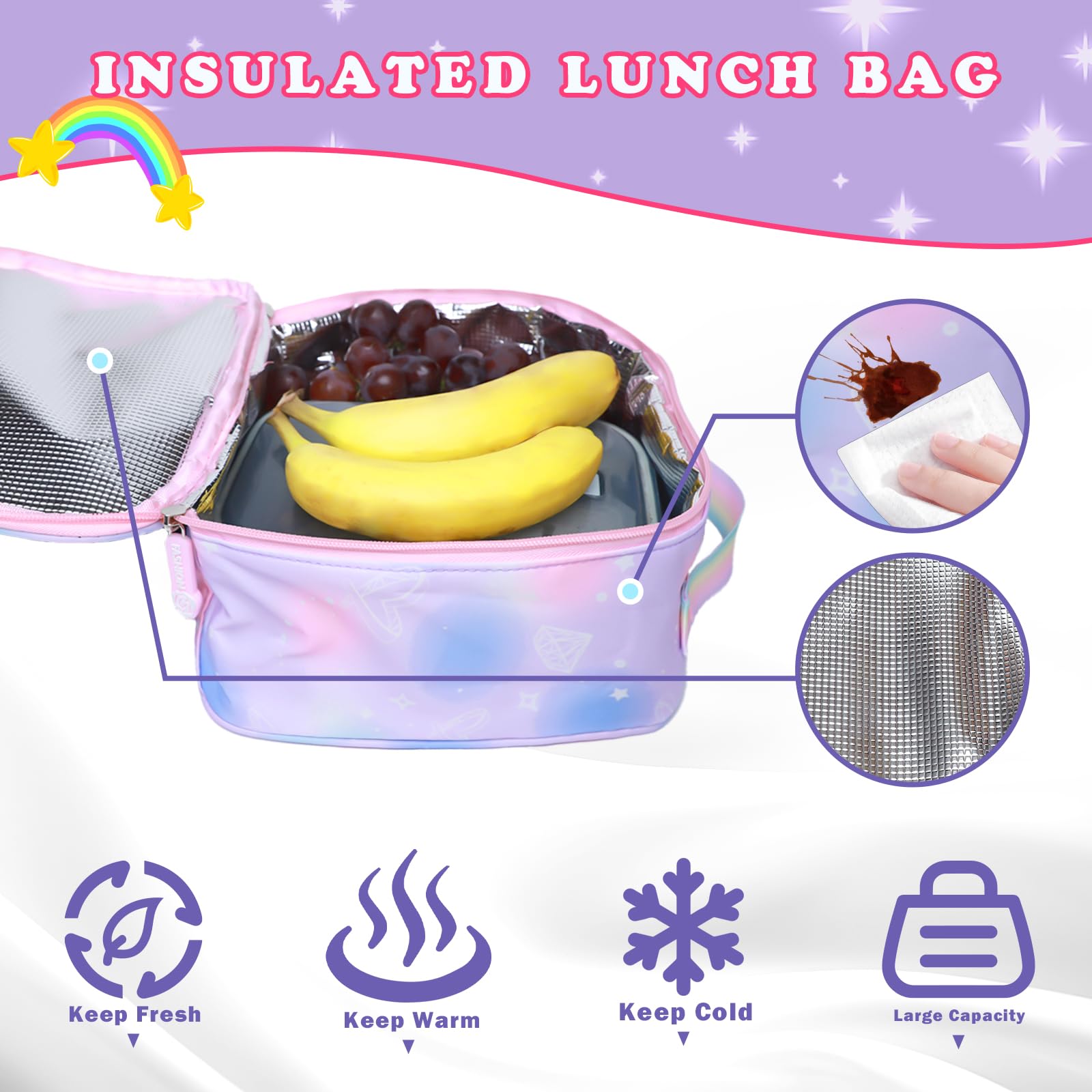 3Pcs Girls Backpack Set - Cute Rainbow School Backpack with Lunch Bag & Pen Case, Multi-Pocket Elementary Backpack for Preschool & Toddler (Purple) - Perfect for School, Travel & Daily Use