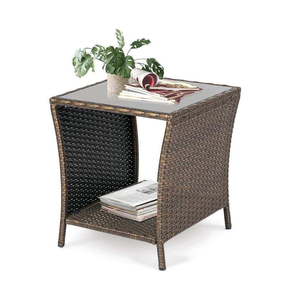 FIZZEEY Outdoor Wicker Side Table with Storage Shelf - Rattan End Table for Patio, Garden, Balcony & Poolside - Gold Finish Accent Table for Drinks, Books & Decor