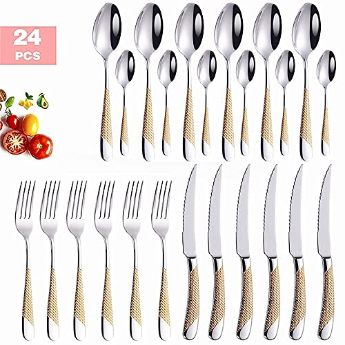 24-Piece Stainless Steel Silverware Flatware Set - Gold Cutlery Set for Dining, Includes Spoon Fork Knife - Eco-Friendly & Dishwasher Safe Dinnerware for Home, Restaurant, Party & Everyday Use