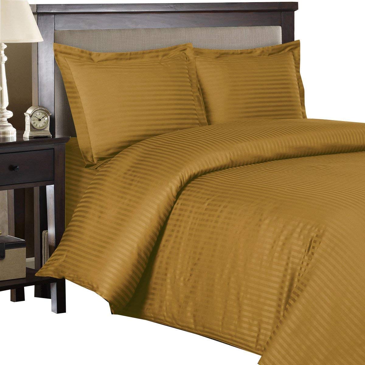 Royal Tradition Damask Stripes 300 Thread Count 100% Cotton King/California King Duvet Cover Set - 3PC Comforter Cover with Button Enclosures in Bronze | Luxury Bedding for Master Bedroom & Guest Room