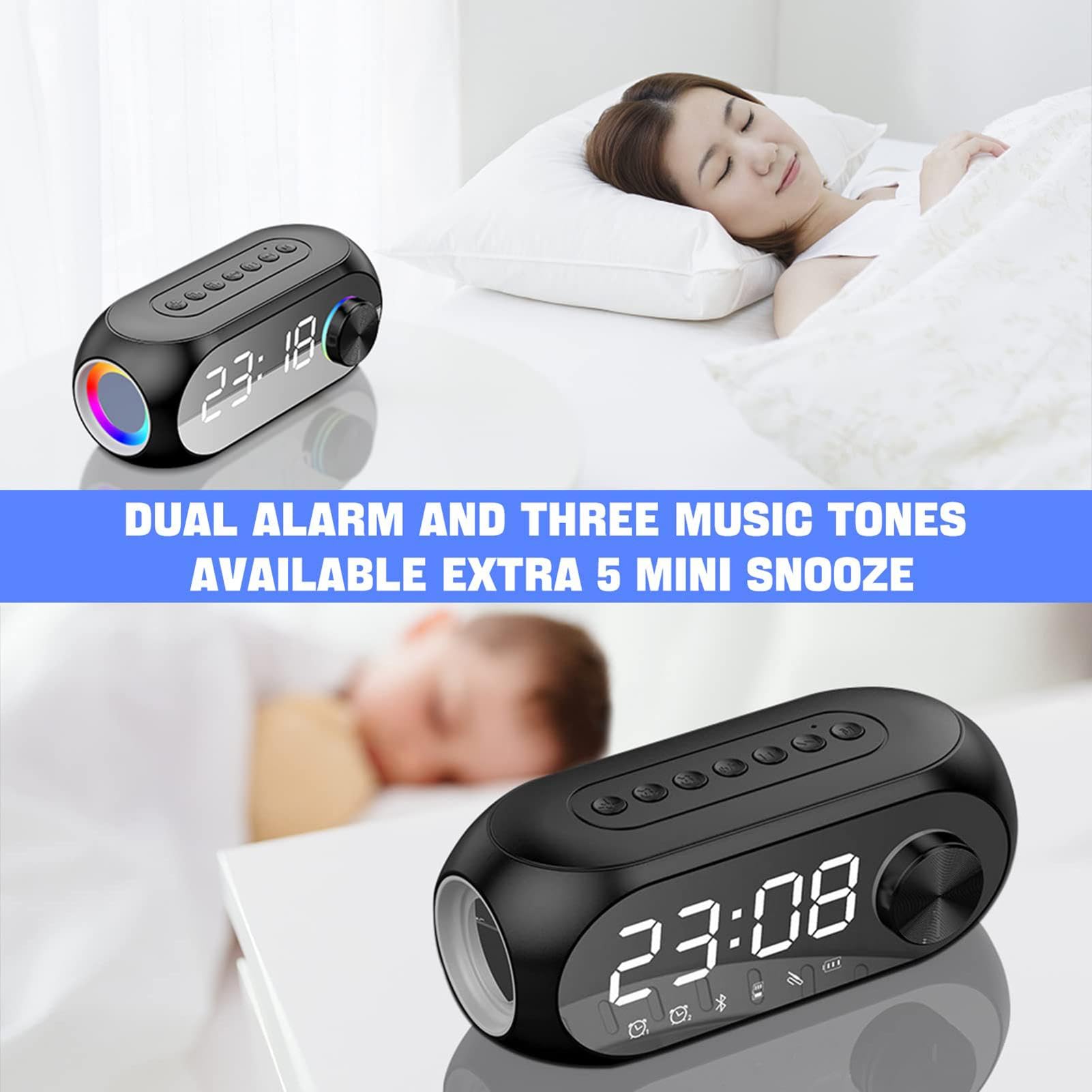 Wireless Speaker Alarm Clock with LED Display - USB Rechargeable Digital Clock & Bluetooth Speaker, Sleep Sound Machine for Bedroom, Office, Travel | Night Light, White Noise Generator for Better Sleep