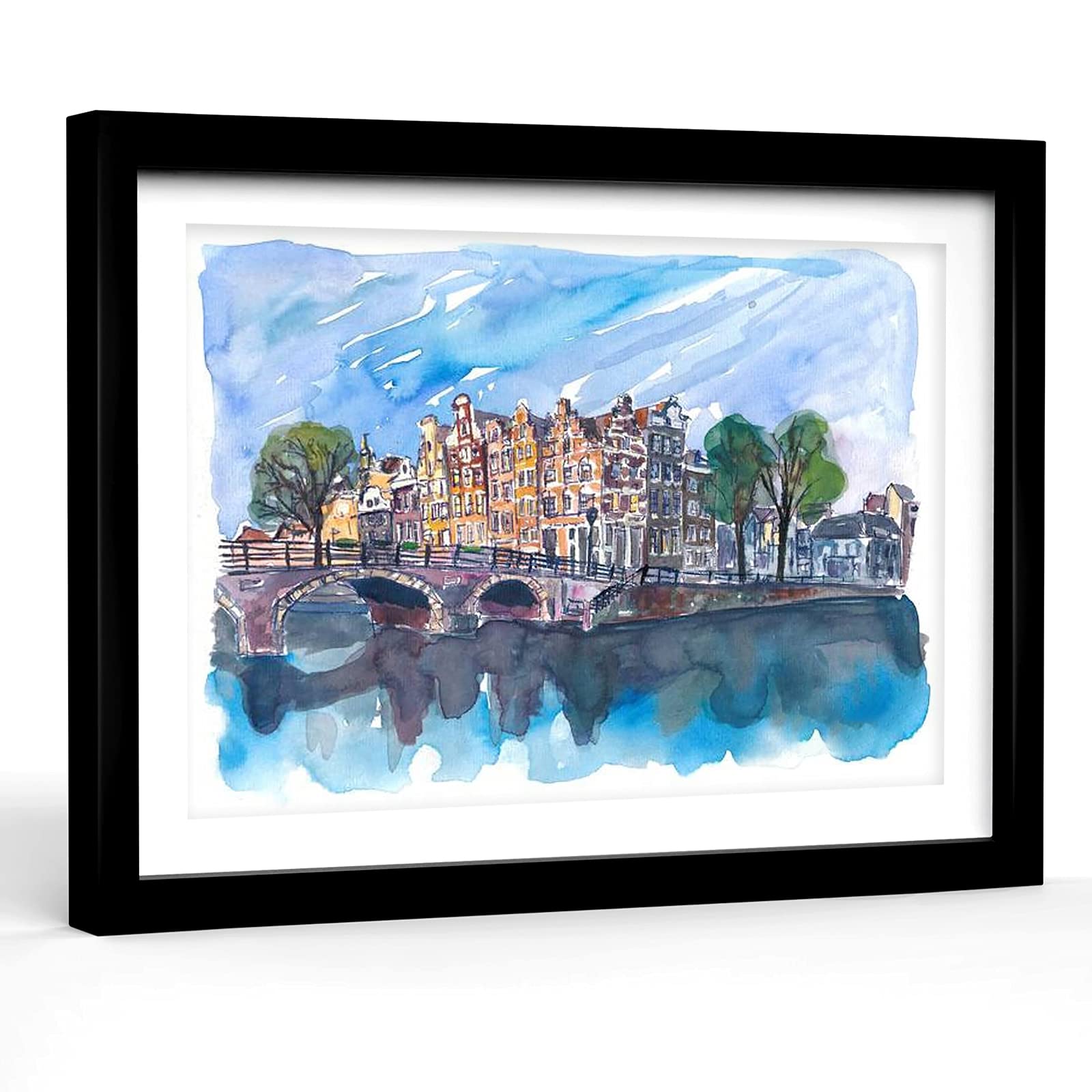 Modern Abstract Canvas Wall Art - Amsterdam Netherlands Canal Sunset On Prinsengracht Painting, 12x18 Inch Wood Framed with Plexiglass, Bedroom Decor & City Themed Wall Art - Perfect for Living Room, Bedroom, Office & Home Decoration