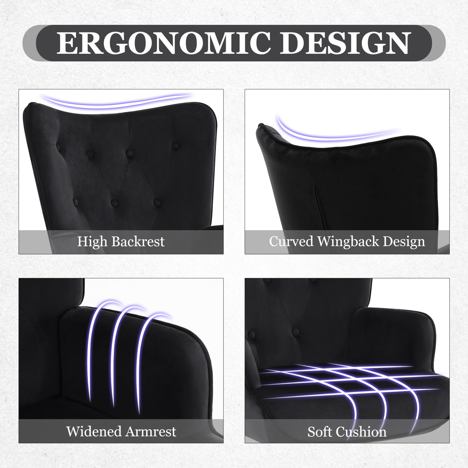 Furnimart Black Velvet Accent Chair - Mid Century Modern Living Room Armchair with Comfortable Cushion | Stylish Wingback Design for Office, Study, Bedroom, Vanity & Waiting Room | Perfect for Relaxing, Reading & Home Decor