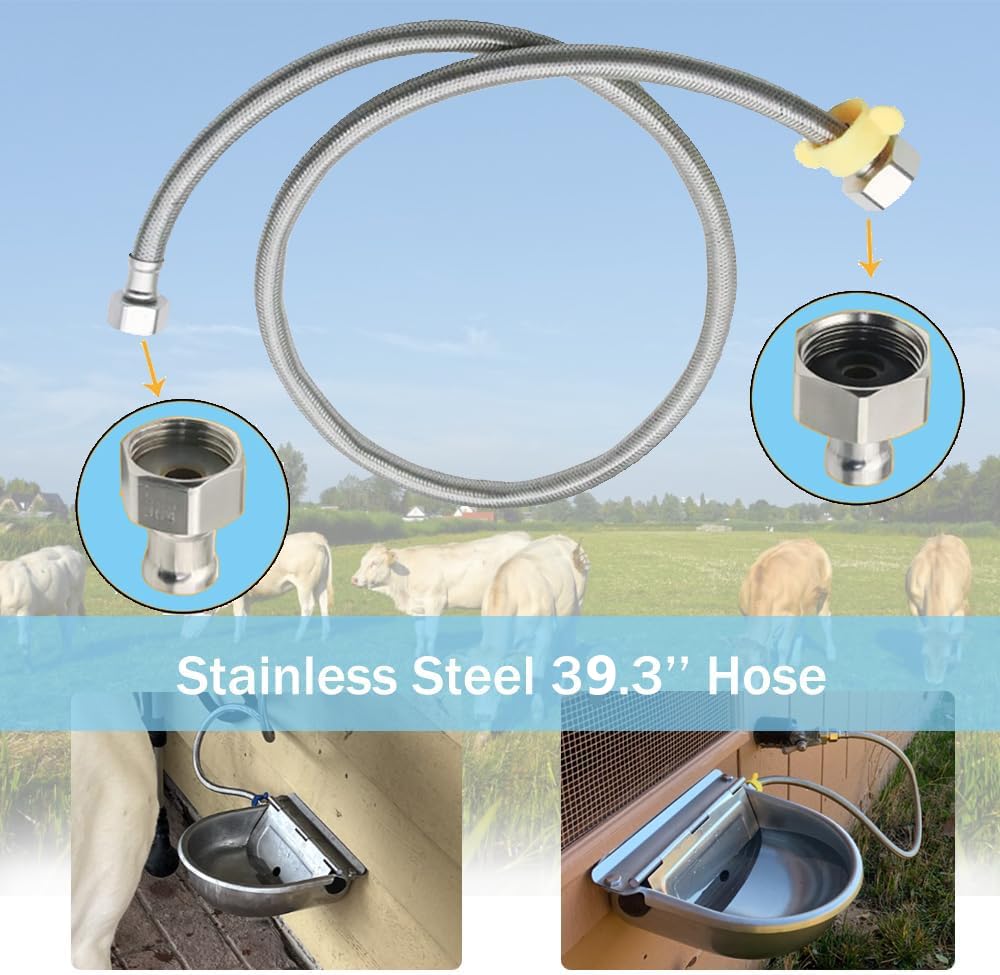 304 Stainless Steel Livestock Water Bowl with 39.37 Inch Pipe - Automatic Float Valve Farm Water Feeder for Horses, Cows, Goats, Sheep & Dogs - Durable Outdoor Animal Watering Solution for Barns, Pastures & Farms