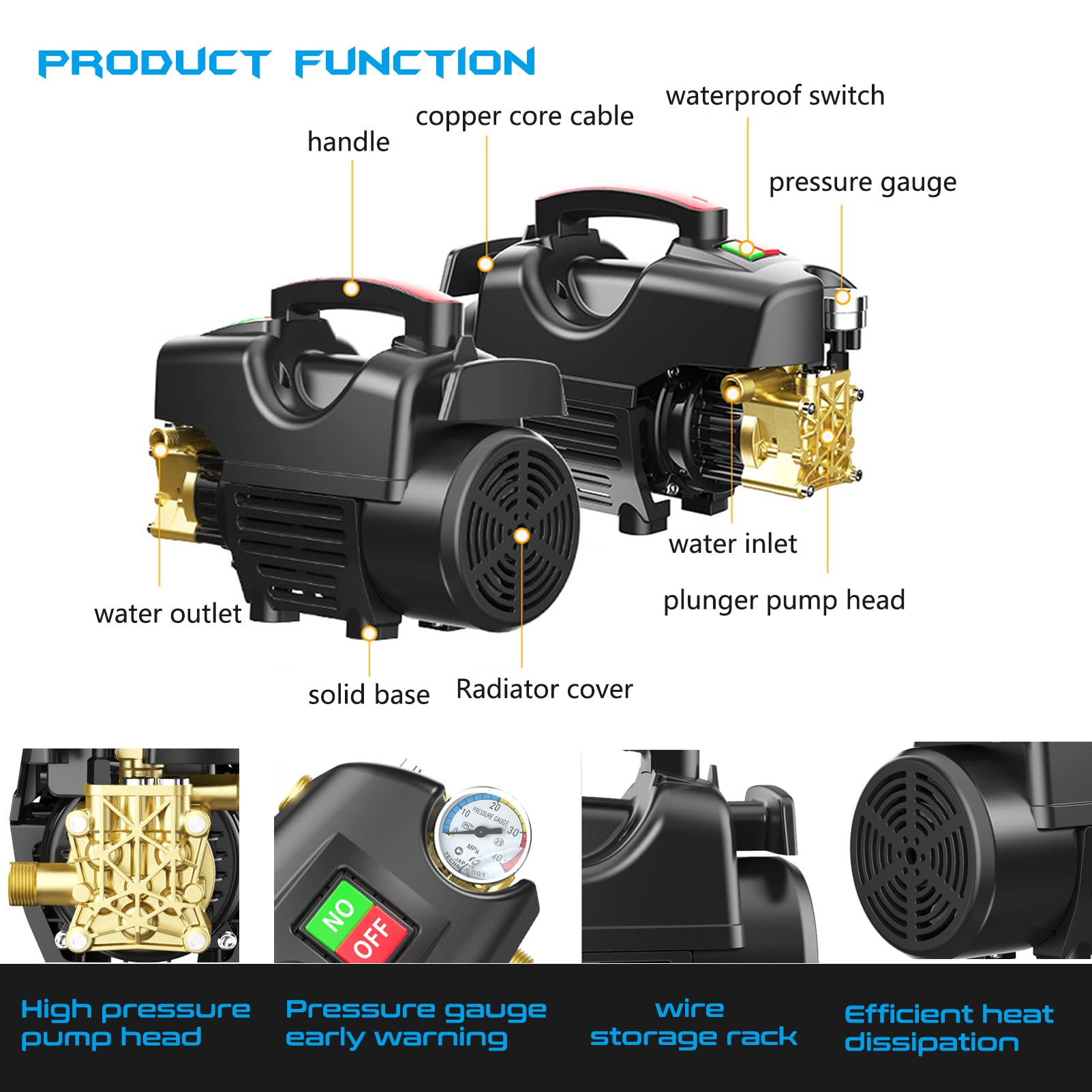 2600PSI 1.7GPM High Power Electric Pressure Washer - Portable Power Cleaner with 10m Hose & Gun for Patio, Car, Driveway, Garden Cleaning - Ideal for Home, Garage and Outdoor Deep Cleaning