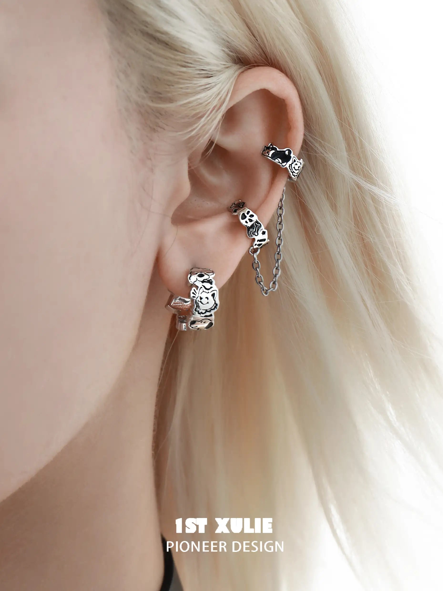 18K Gold Plated Asymmetrical Dog Paw Earrings for Women - Trendy Graffiti Style Puppy Ear Clips for Casual Wear & Party Accessories