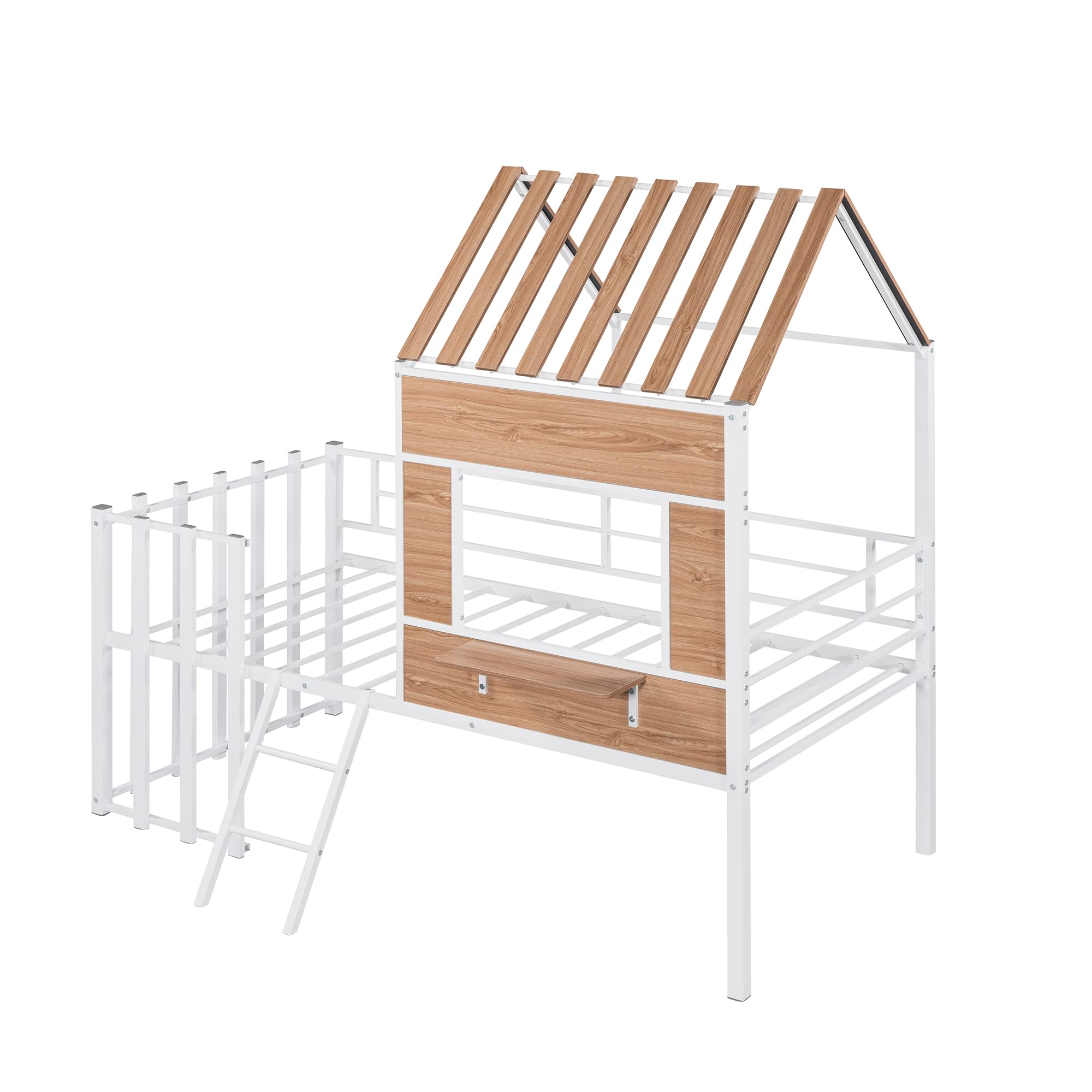 Metal Twin Loft Bed for Kids - Low Profile with Roof & Window, Sturdy Guardrail for Safety, White MDF Frame - Perfect for Small Bedrooms, Dorm Rooms & Play Areas