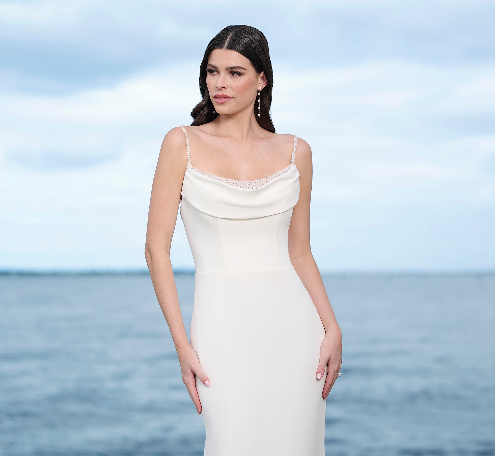 Elegant Ivory Nude Stretch Crepe Gown with Cowl Neck Drapes - Perfect for Evening Galas, Weddings & Formal Events