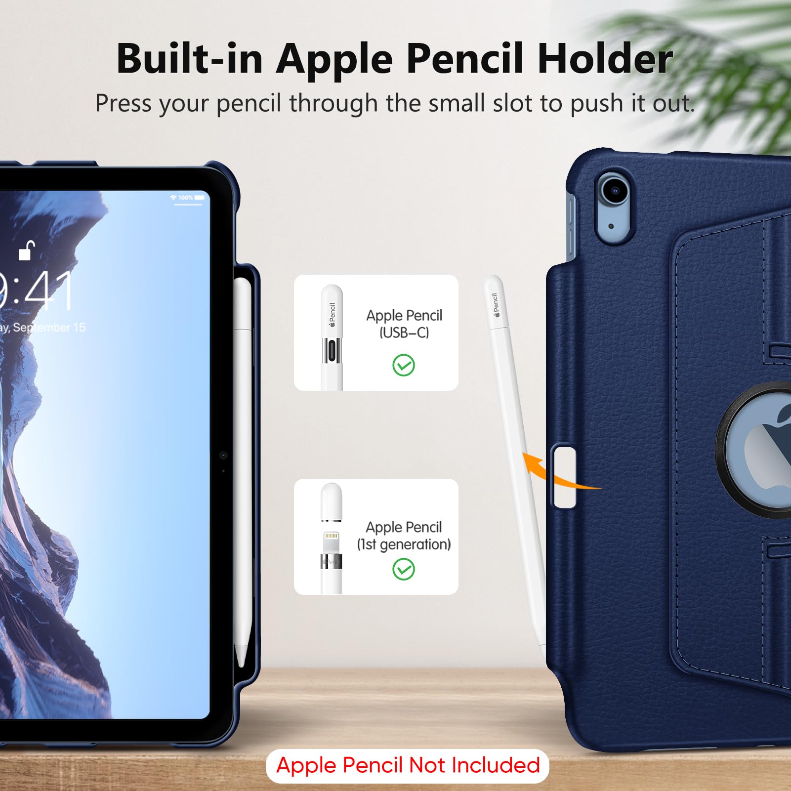 Fintie 360 Rotating Case for iPad 11th Gen (2025) & 10th Gen (2022) - Protective Stand Cover with Built-in Apple Pencil Holder | Navy Blue | Perfect for Work, Study & Entertainment