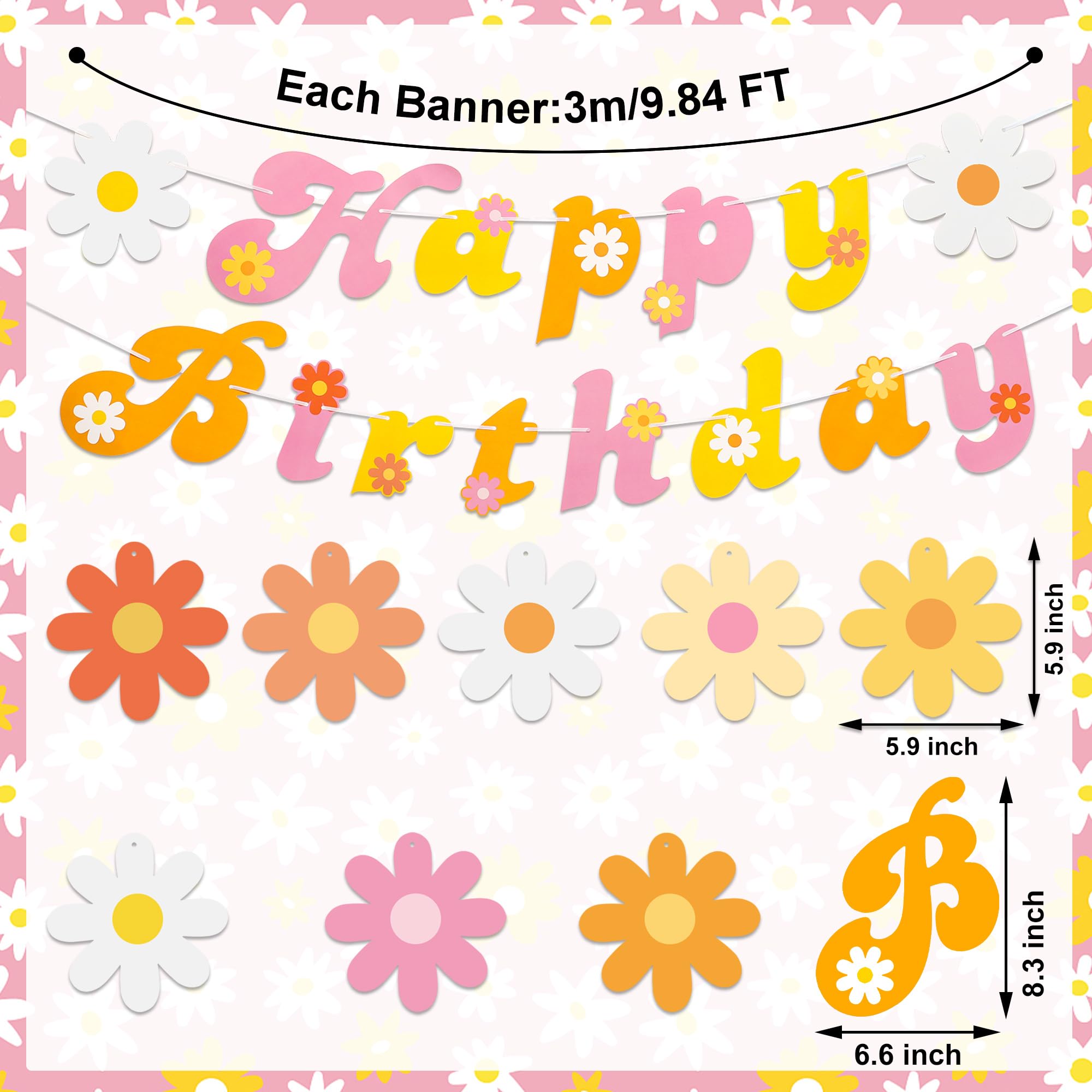 26 PCS Boho Happy Birthday Party Decorations - Retro Daisy Flower Hanging Swirls & Ceiling Streamers for Hippie Themed Parties, Baby Showers, Wedding Decor & Home Celebration