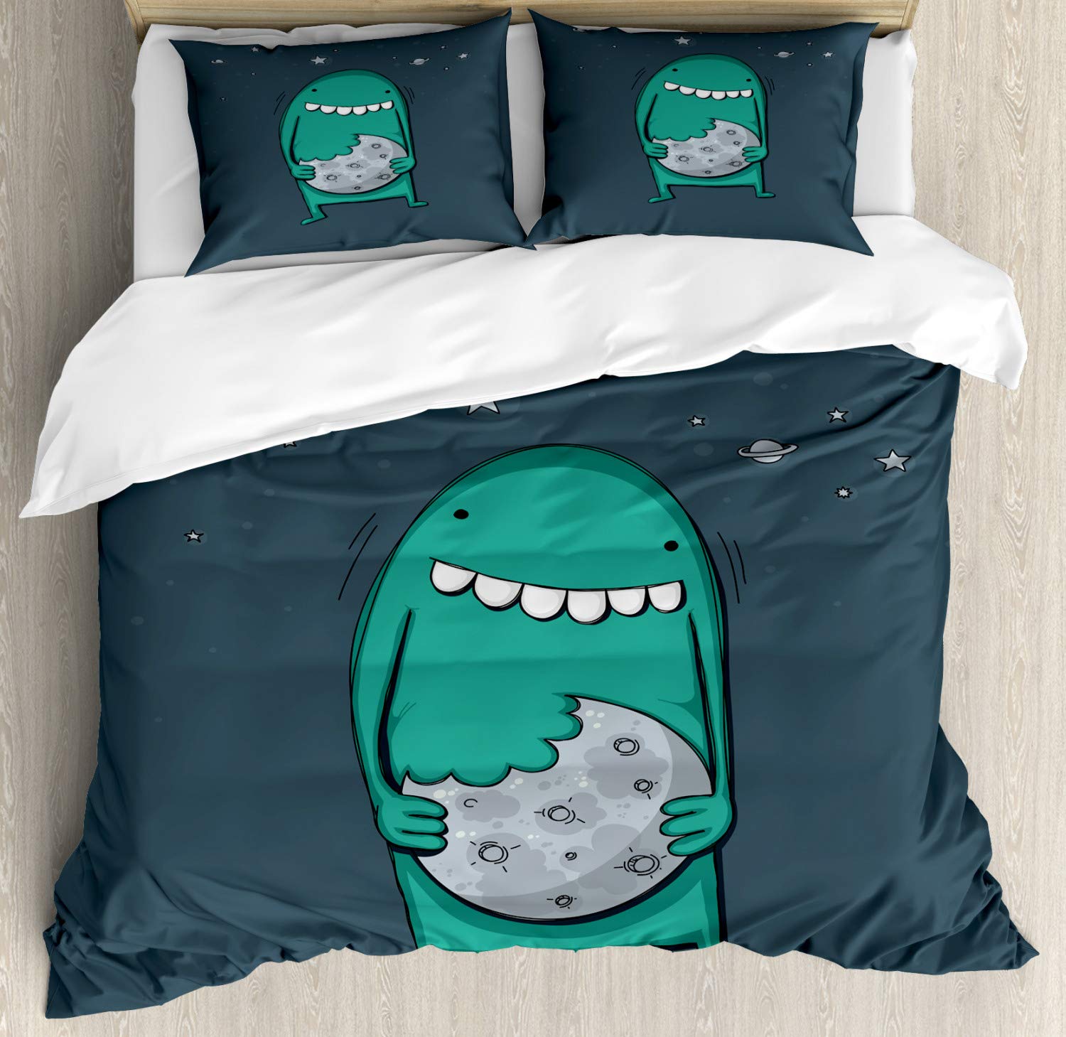 Ambesonne Cookie Duvet Cover Set - Cartoon Monster with Sharp Teeth Biting Design, 3-Piece Queen Size Bedding Set with 2 Pillow Shams in Slate Blue & Sea Green | Fun Kids Room Decor, Halloween Bedding, Unique Gift for Monster Lovers