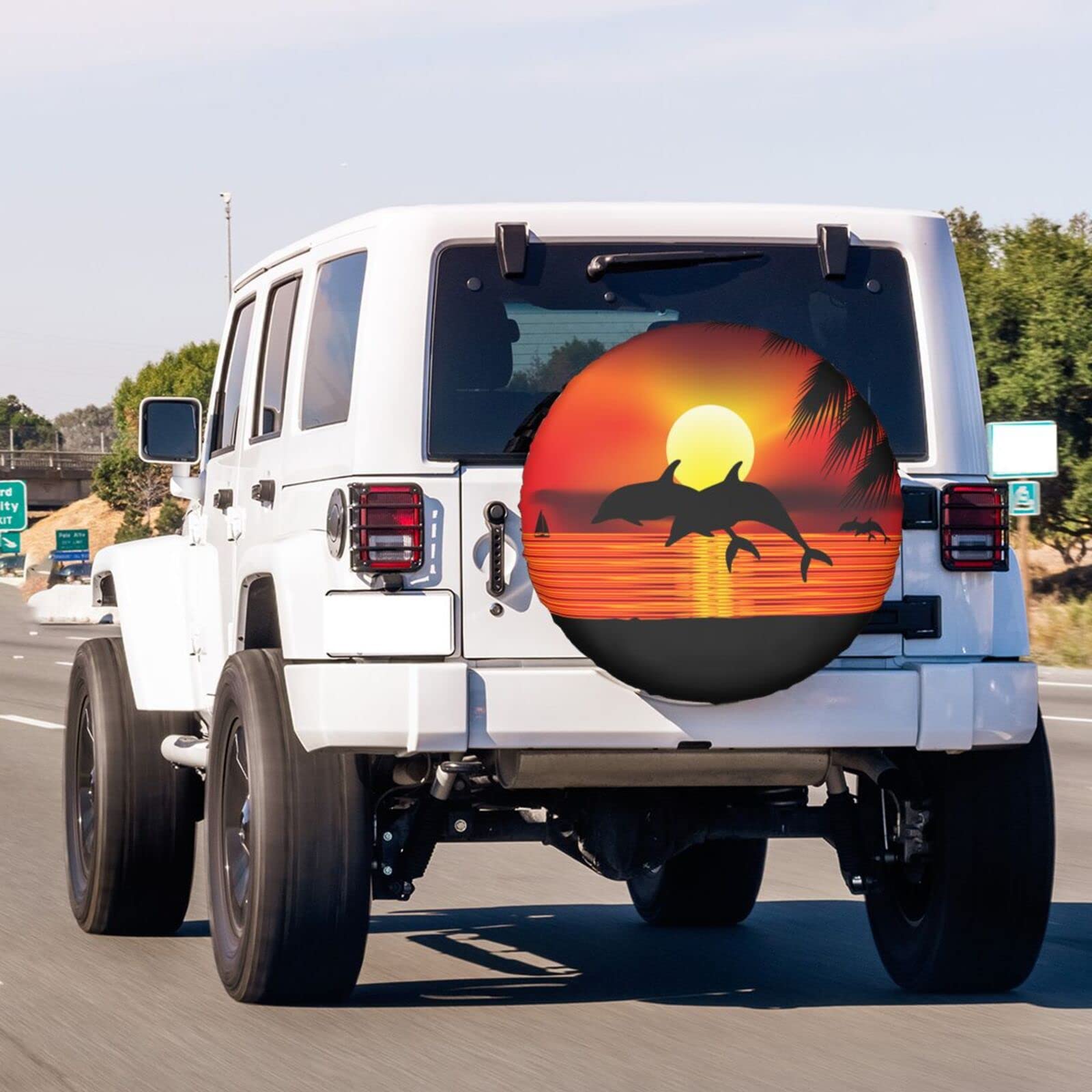 Waterproof 14 Inch Spare Tire Cover with Sunset Ocean Dolphins & Palm Leaves Design - Dust-Proof Wheel Protector for Trailers, RVs, SUVs & Most Vehicles | Perfect for Road Trips & Outdoor Adventures