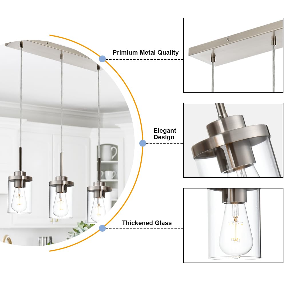 Brushed Nickel 3-Light Pendant Lighting Fixture with Clear Glass Shade - Modern Hanging Lights for Kitchen Island, Dining Room, Bar Counter & Breakfast Nook