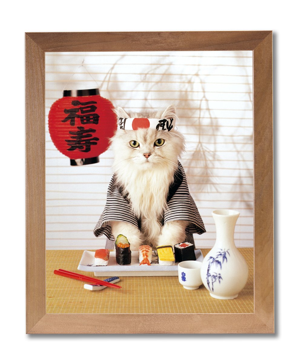 Funny Sushi Cat Kitten #1 Wall Art Print - Honey Framed Picture for Home Decor, Kitchen & Dining Room Wall Hanging