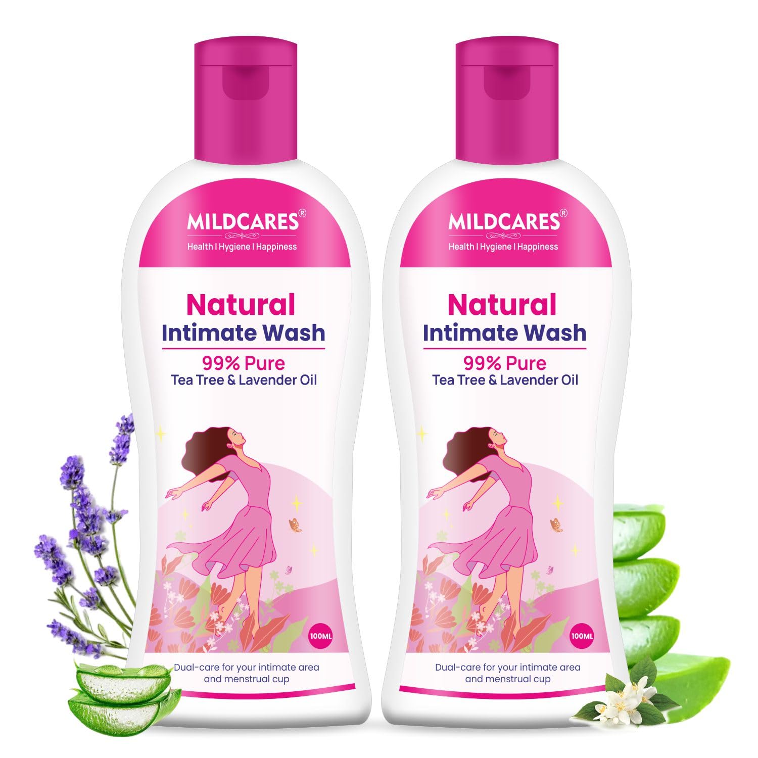 GynoCup Natural Intimate Wash for Women - pH Balanced Feminine Hygiene with Tea Tree & Lavender Oil - Gentle Cleansing & Odor Control - Pack of 2 (100ML Each) - Perfect for Daily Use, Post-Workout & Travel