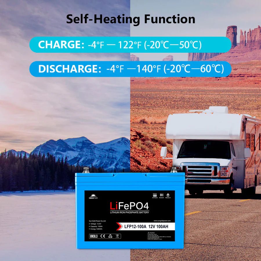 SunGoldPower 12V 100Ah LiFePo4 Deep Cycle Lithium Battery with Bluetooth, Self Heating & IP65 - Perfect for RVs, Solar Systems, Marine & Off-Grid Power Storage