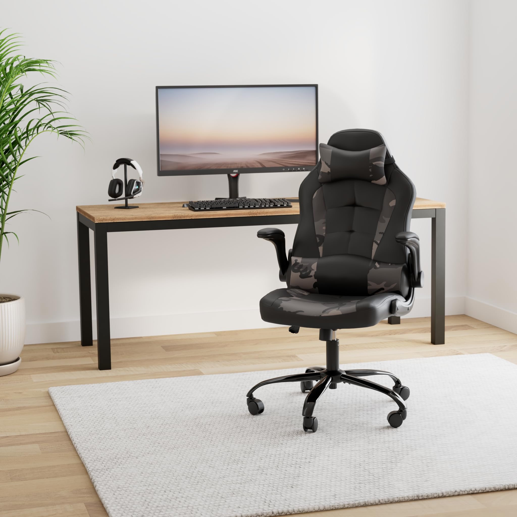 Ergonomic Gaming Chair with Headrest & Lumbar Support - High Back PU Leather PC Office Chair for Home & Work - Adjustable Armrests Racing Style Computer Desk Chair (Camo) - Perfect for Gamers, Remote Workers & Home Office Setup