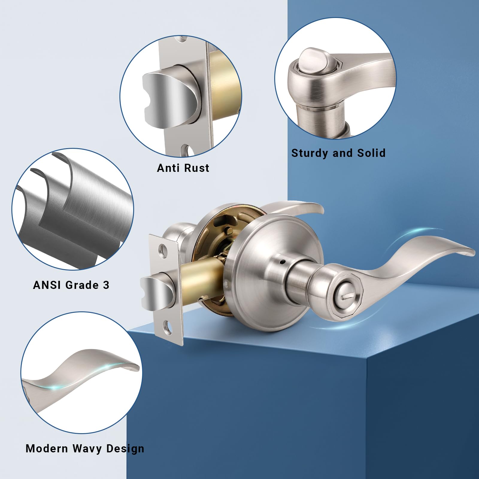 15 Pack Wave Style Door Handle - Brushed Nickel Finish for Bedroom & Bathroom - Keyless Entry - Right or Left Handed - Perfect for Home, Office, and Commercial Spaces