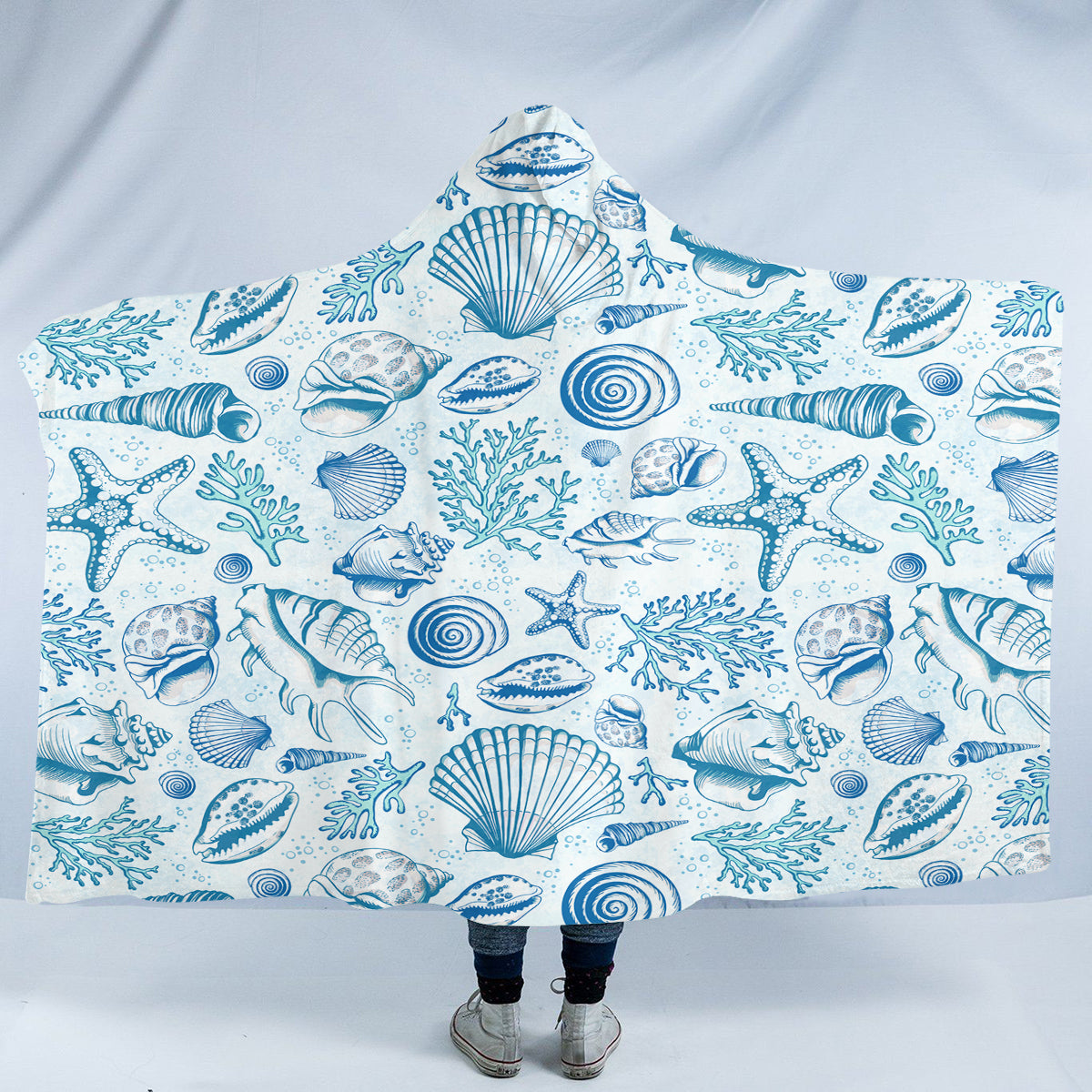 Soft Blue Seashell Print Hooded Blanket - Warm Fleece Wearable Blanket for Adults & Kids - Perfect for Lounging, Netflix, Camping & Cold Weather