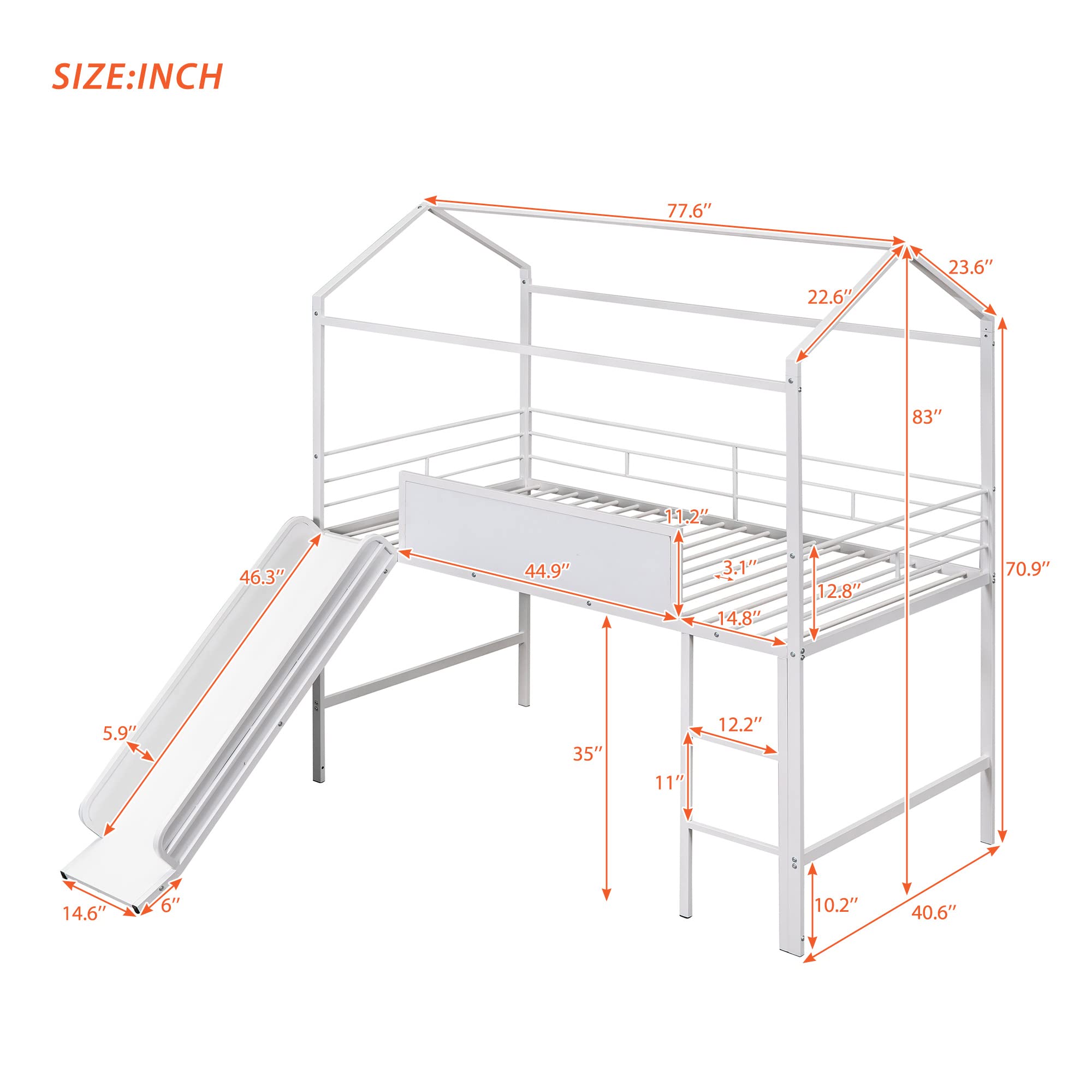 Twin Size Metal Loft Bed with Slide for Kids - Space-Saving Steel House Bed Frame with Writable Wooden Board & Roof - Easy Assembly White Bunk Bed for Boys & Girls Bedroom - Perfect for Small Rooms, Play Areas & Sleepovers