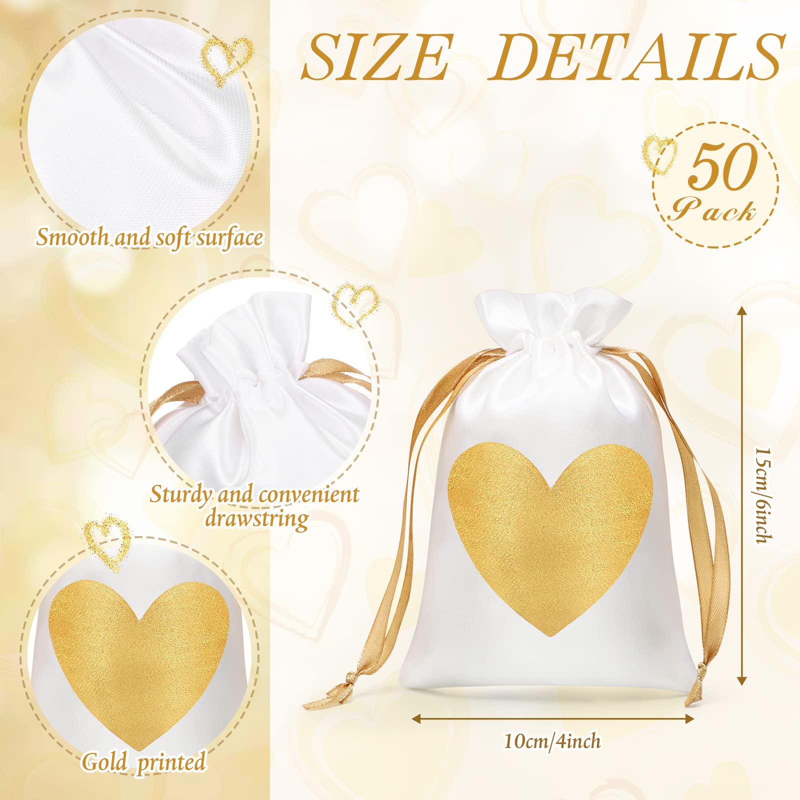 50 Pcs White Satin Gift Bags with Gold Heart Print - 4x6 Inch Drawstring Jewelry Pouches for Wedding Favors, Bridal Shower, Baby Shower, Birthday Party Gifts & Special Occasions - Perfect for Jewelry, Candies, Small Treasures and Party Favors
