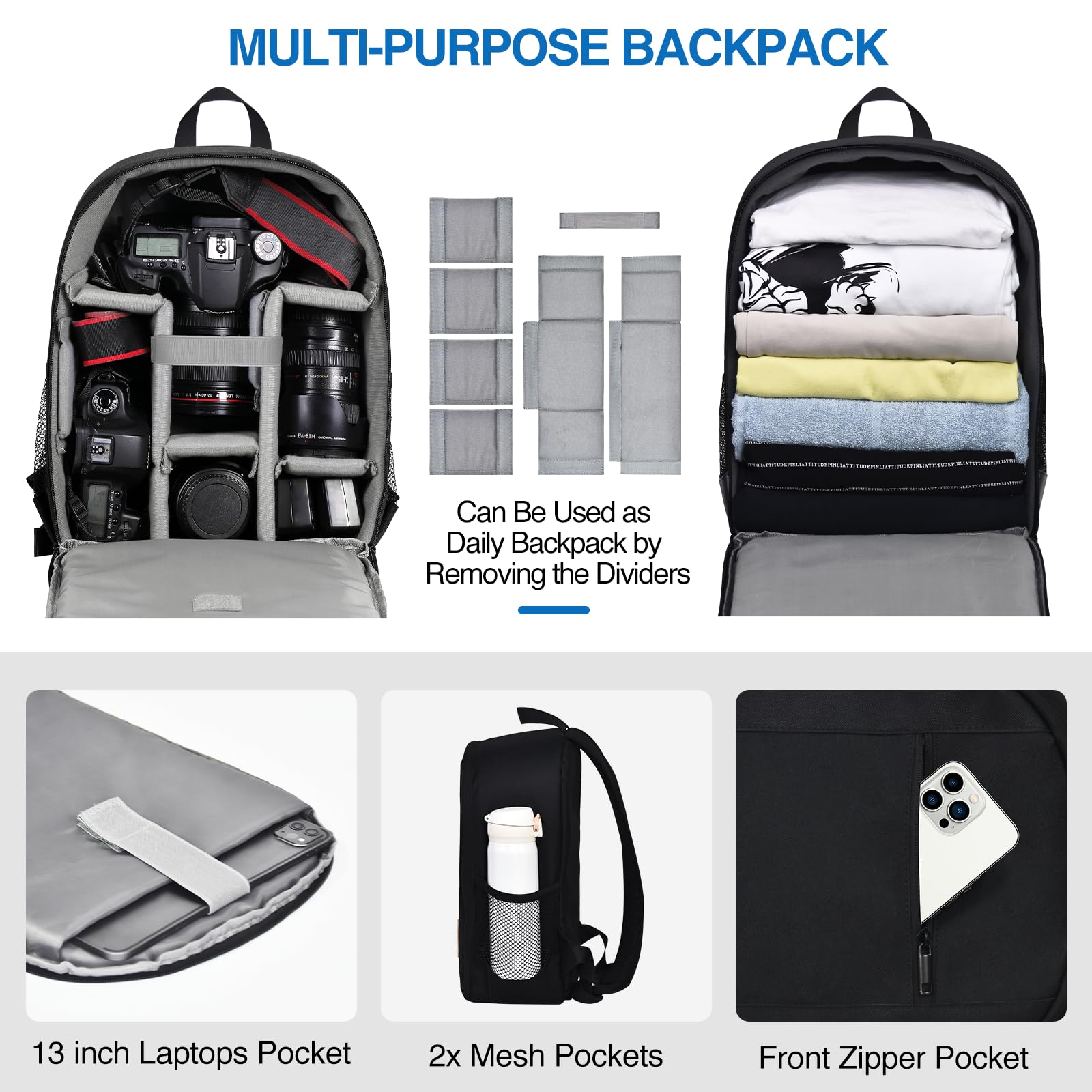 Professional Waterproof Camera Backpack for DSLR/SLR & Mirrorless Cameras - Compatible with Sony Canon Nikon, Holds 13