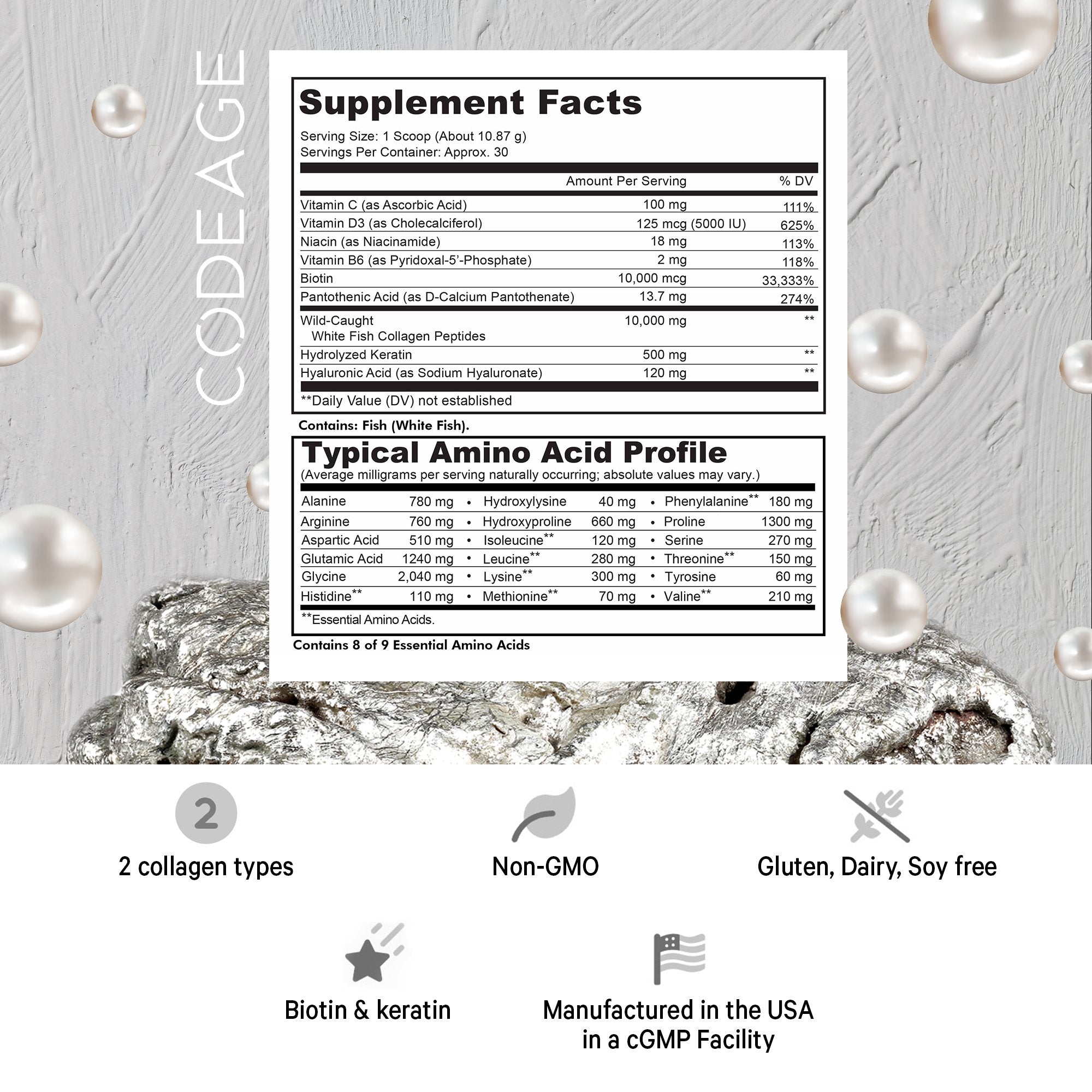 Premium Marine Collagen Peptides Powder by Codeage - Hydrolyzed for Better Absorption, Supports Skin, Hair & Joint Health - Ideal for Smoothies, Coffee & Post-Workout Recovery