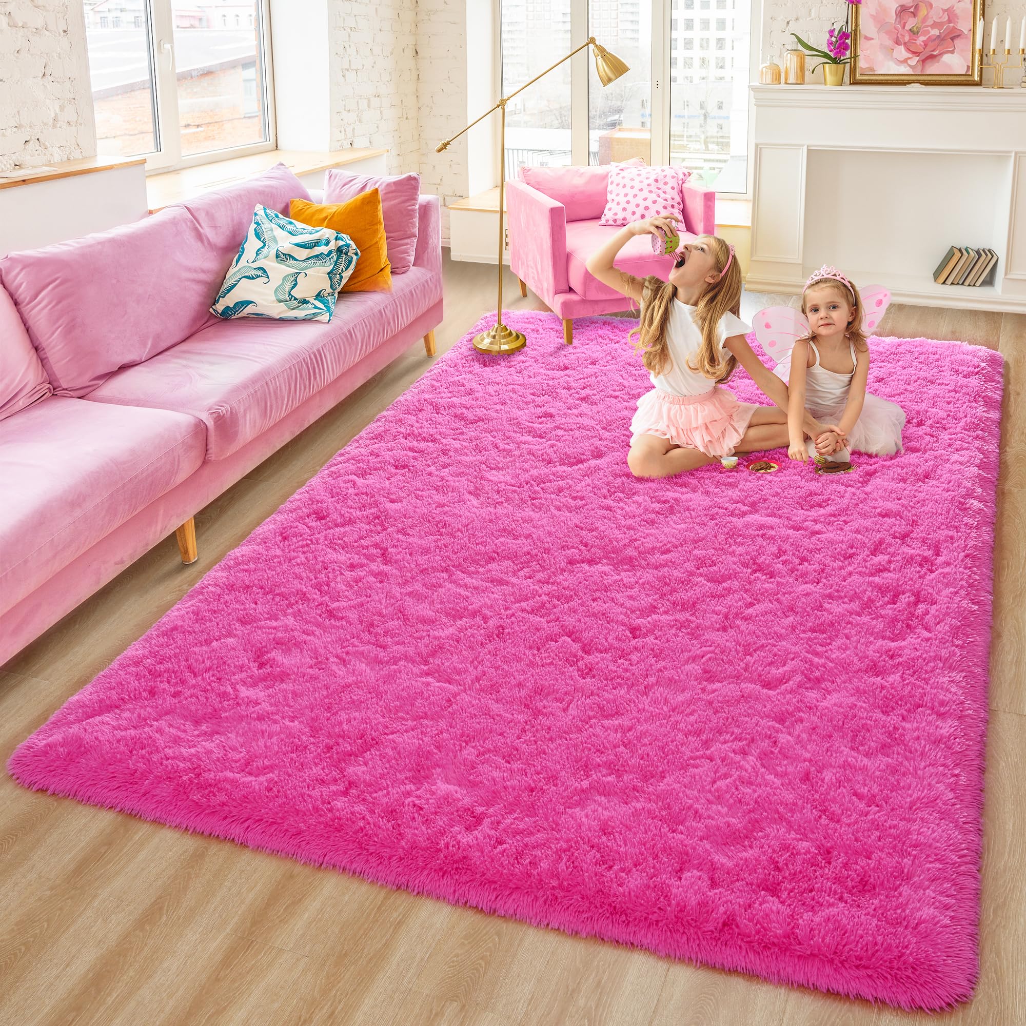 Fluffy 3x5 Hot Pink Shaggy Area Rug - Soft Plush Bedroom Carpet for Girls, Kids Room & Dorm Decor - Thick Fuzzy Living Room Rug - Cozy Floor Mat for Aesthetic Home, Nursery & Playroom Decor