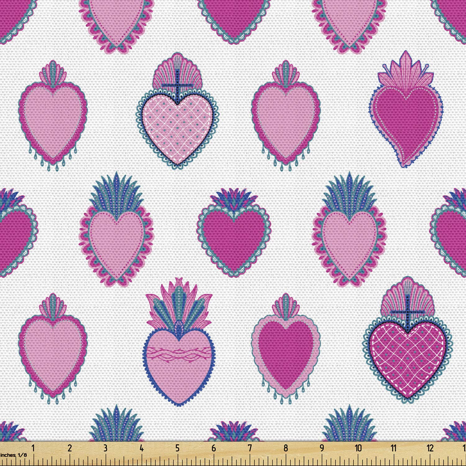Ambesonne Romantic Floral Fabric by The Yard - Flowering Hearts with Flourishing Leaves and Blooms, Love & Romance Theme Upholstery Material (10 Yards, Petrol Blue Magenta) for Sofa, Curtains, Pillows & Home Decor