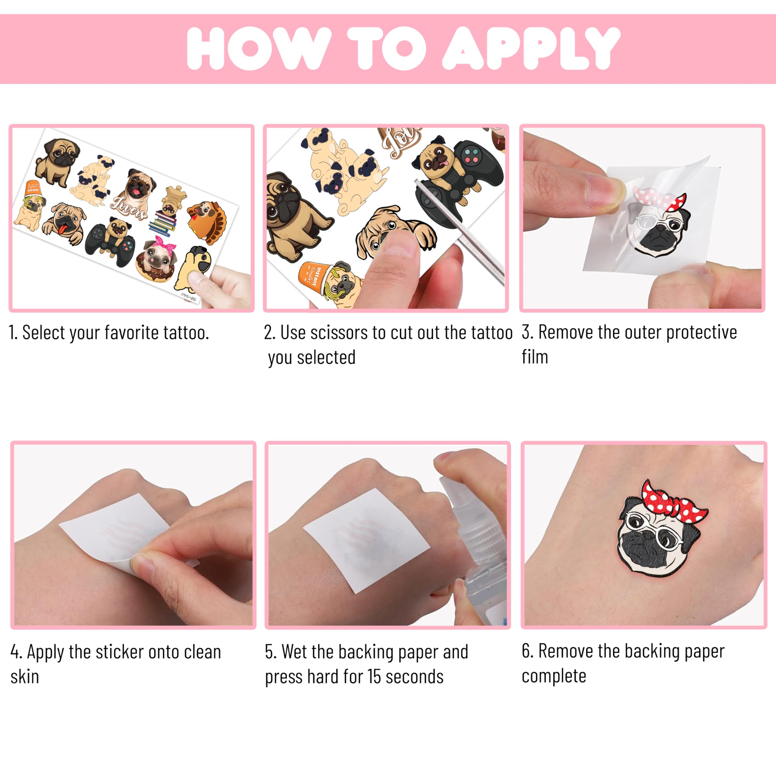 86 PCS Pug Temporary Tattoos - Cute Dog Puppy Stickers for Kids Birthday Party Decorations, School Prizes & Rewards | Fun Favors for Girls, Boys & Dog Lovers | Perfect for Themed Parties, Classroom Incentives & DIY Crafts